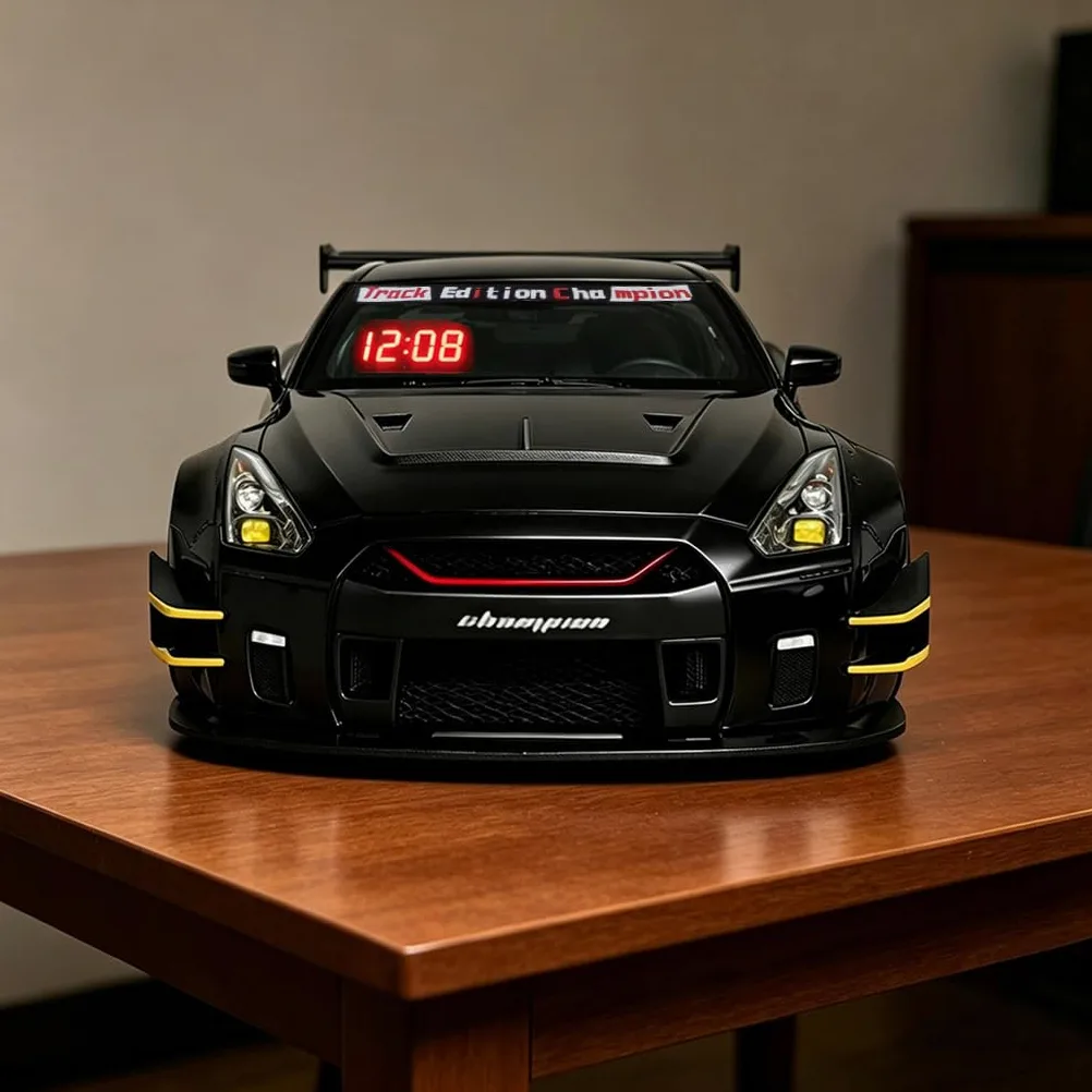 Reloj Despertador LED de Coche Recargable, Reloj de Mesa Modelo superdeportivo con Mando a Distancia, Sonido de Motor simulado y Efectos de luz y Vapor de Escape con Agua (Black)