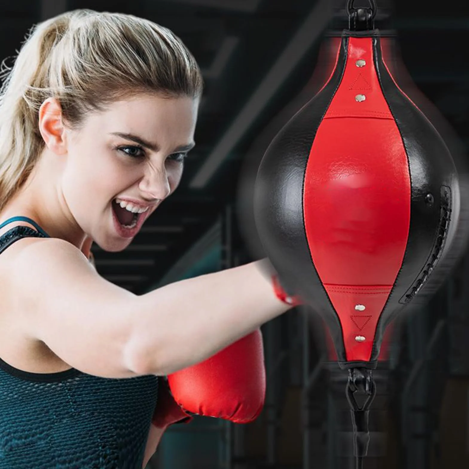 Double End Boxing Bag - Pu Leather Reflex Punching Ball with Bungee Cords for Reaction Training