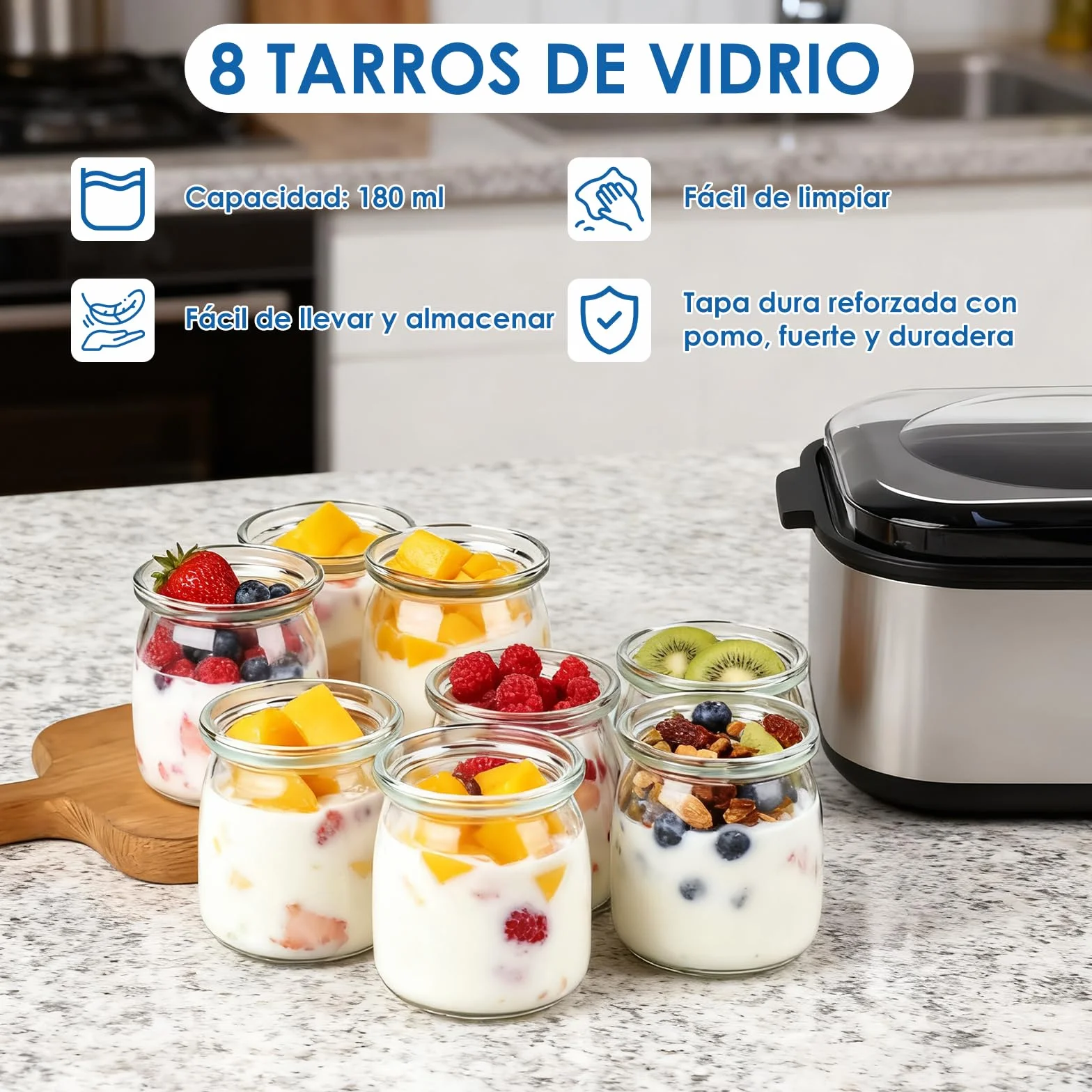 Yogurtera 1400ml, Greek Yogurt Maker with 8x180ml Jars,Yogurtera 8 Tarros con Temporizador y Pantalla LCD, Rango de Temperatura Ajustable 20–55°C,Yogurt Maker para Yogur Casero y Probióticos
