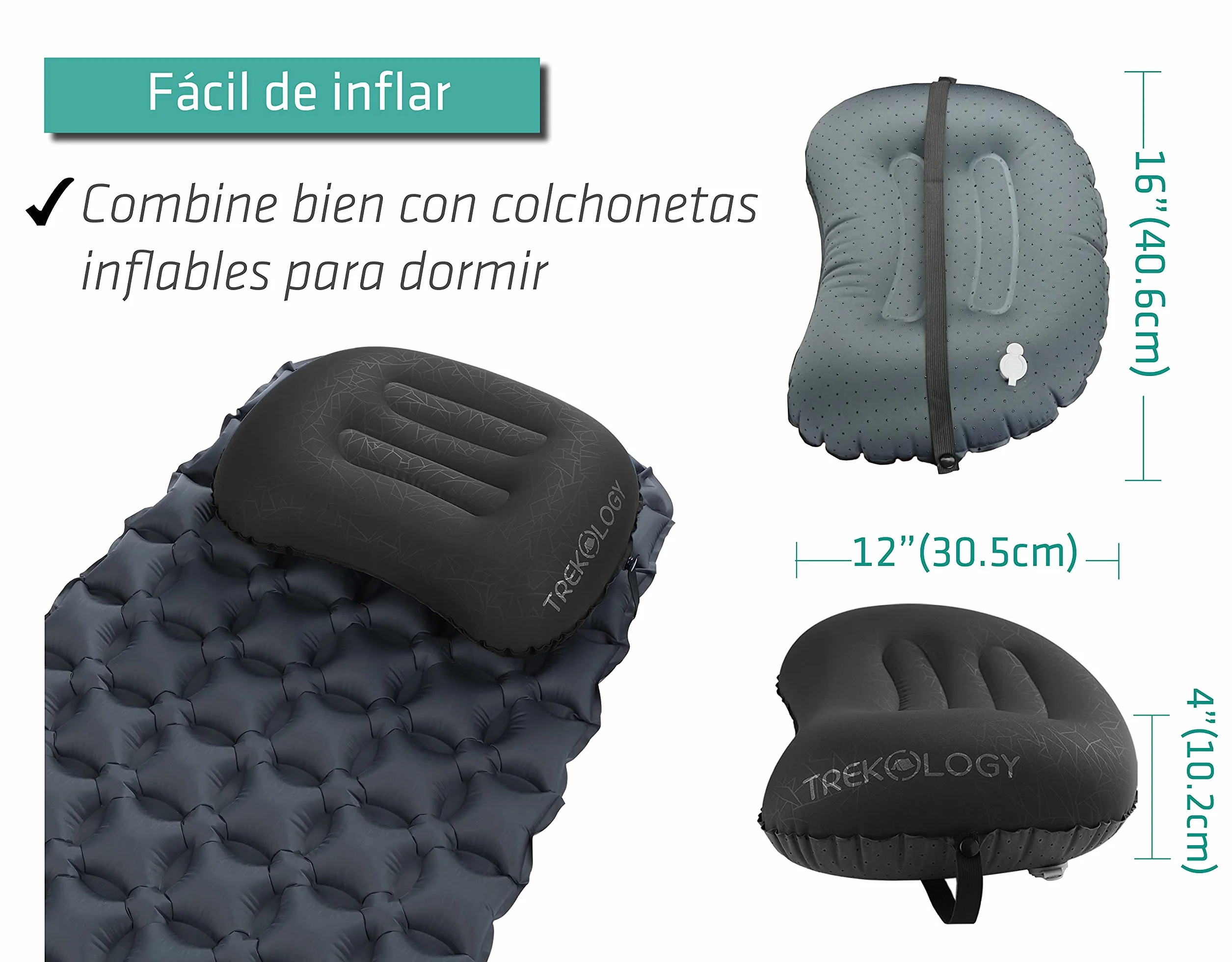 Trekology Almohada Inflable Ultraligera para Viaje Acampar Compacta Ergonómica Soporte Cuello