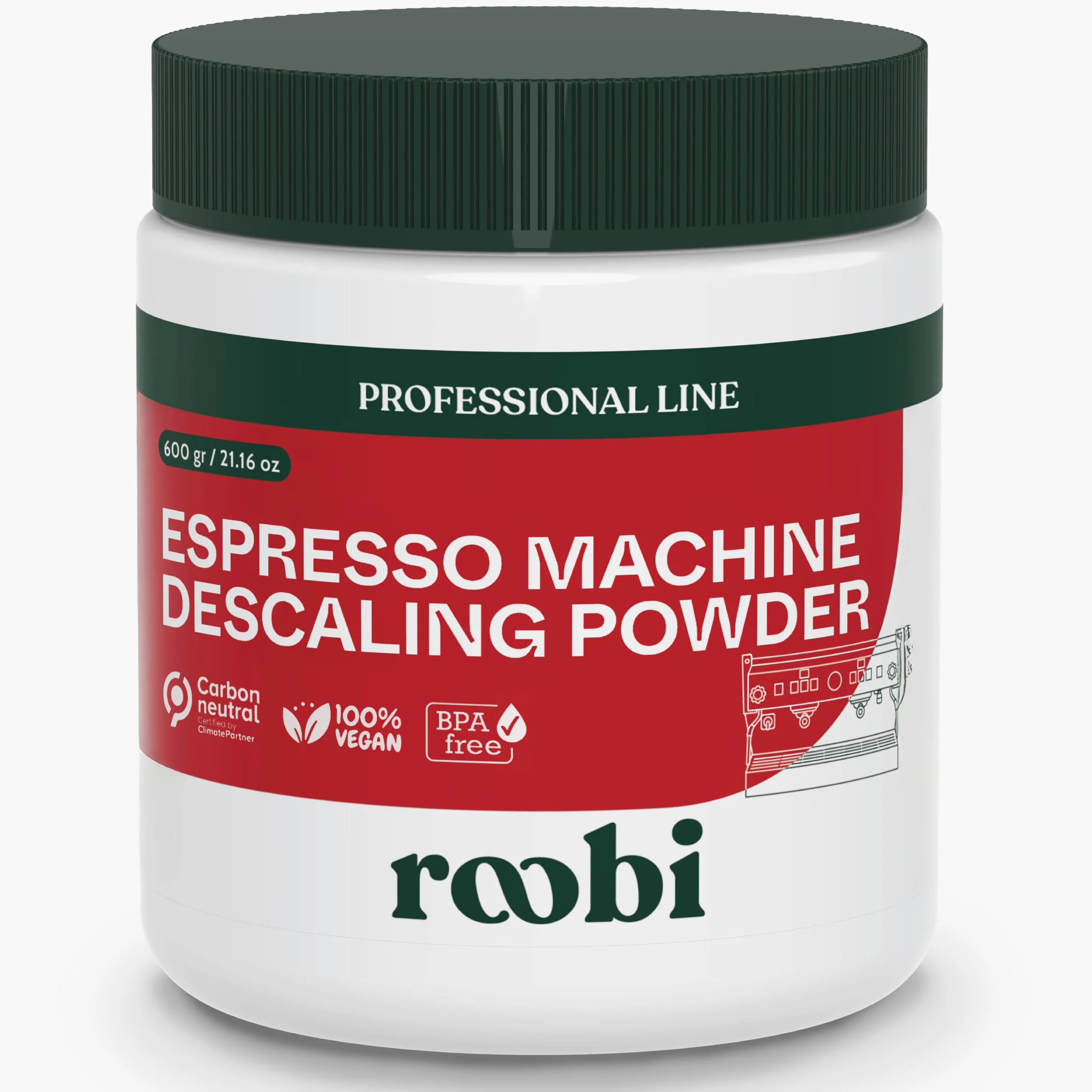 Roobi Polvo descalcificador profesional para máquina de espresso. Polvo descalcificador de espresso neutro en carbono, hasta 21 aplicaciones, 600 gr.