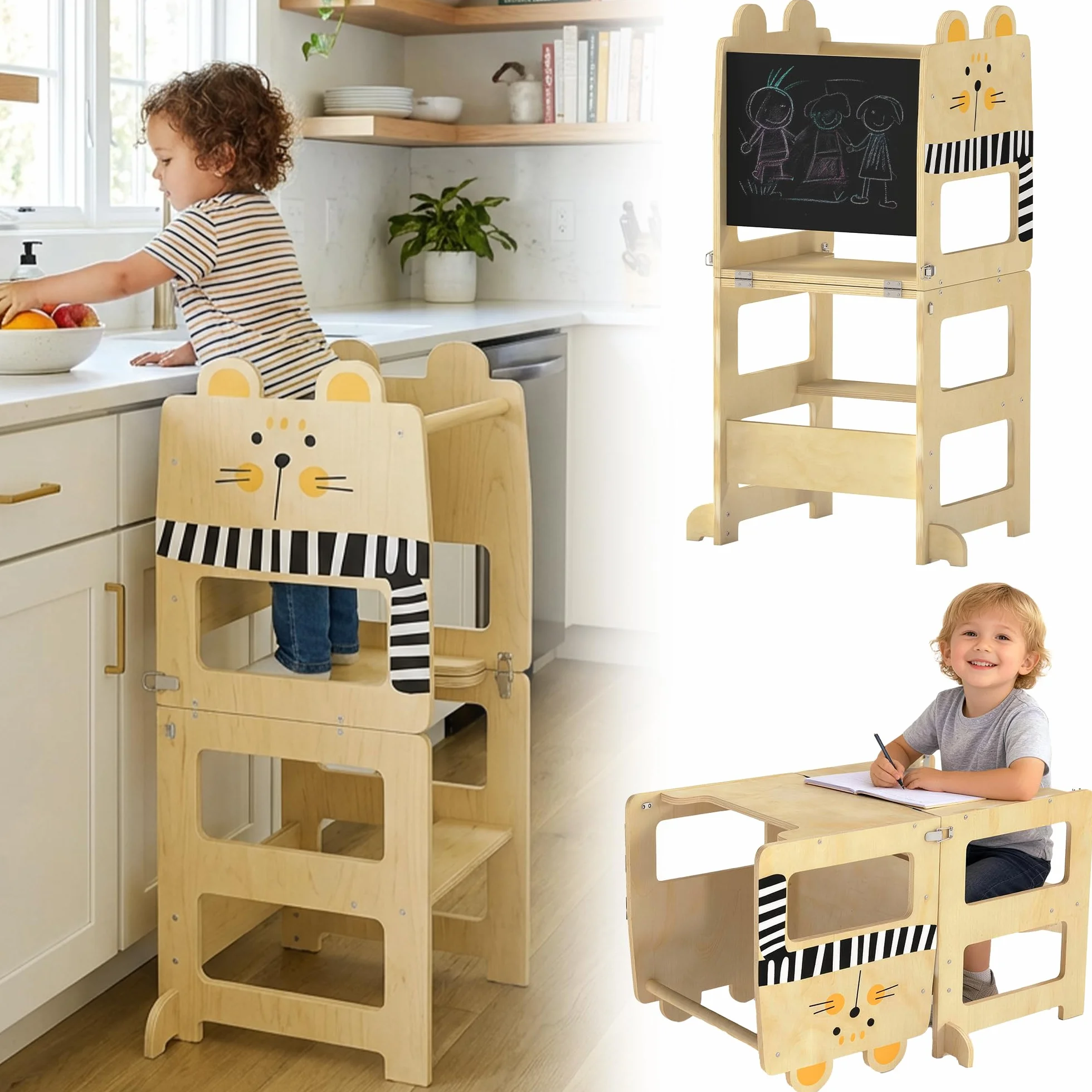 AIYAPLAY Torre de Aprendizaje 3 en 1 Plegable, Convertible en Escritorio y Silla, para Niños 2-5 Años, Natural