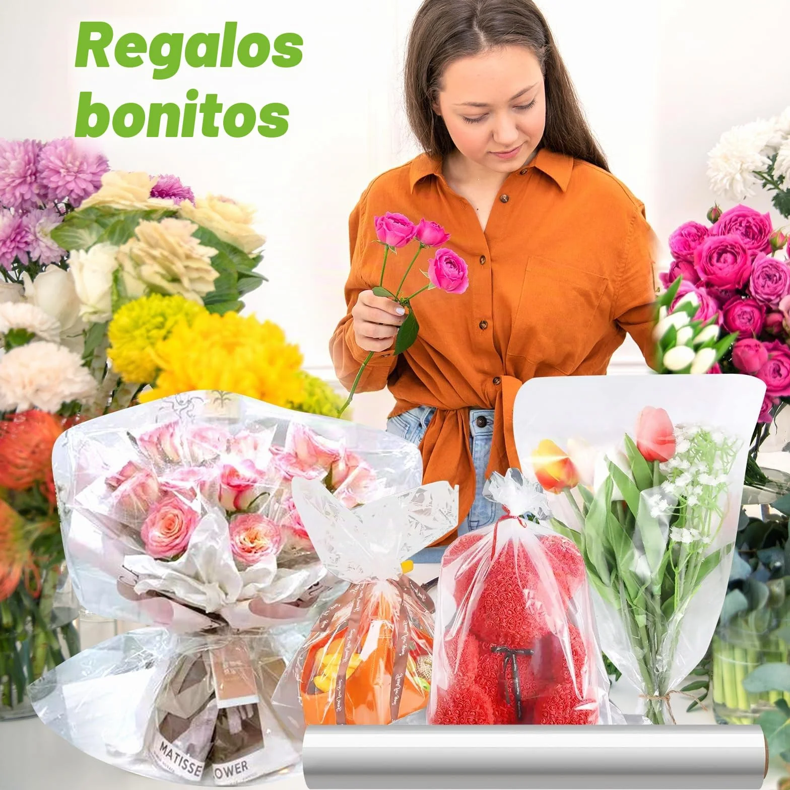 GIBOHOM 86 CM x 30 M Papel Celofán Transparente, 3 Mil Grosor Celofan Transparente Impermeable Papel de Regalo para Cesta, Acetato Transparente para Envolver Regalos, Flores(86CM plegado a 43CM)