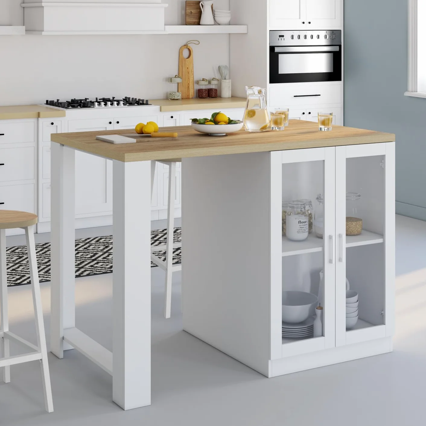 IDMarket – Ilot Central Lino 120 cm 2 personas madera blanca y encimera de madera y puertas acristaladas