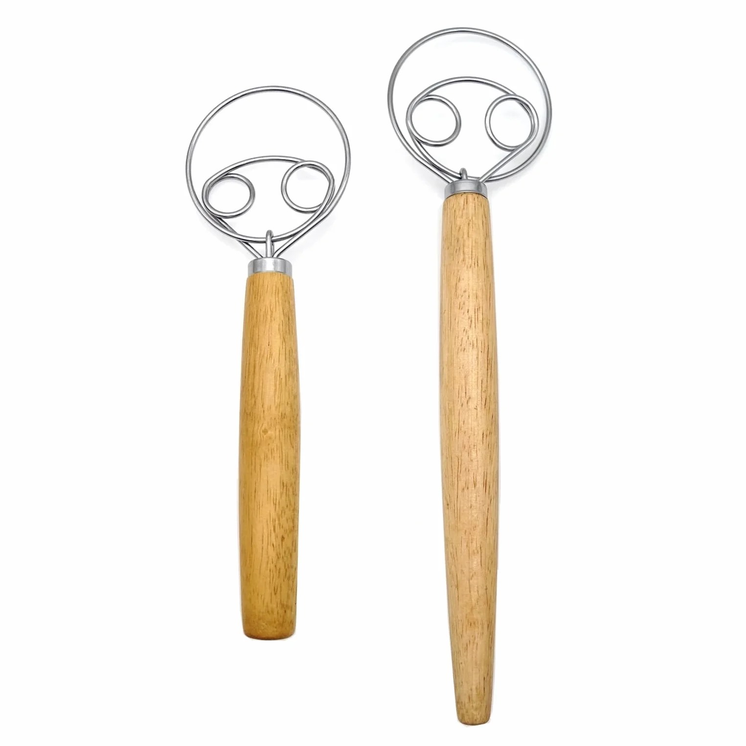JZK Batidor de Masa Danés de 33 cm y 25.5 cm, 2 piezas con mango largo de madera, batidor para pan, galletas y pasteles, herramienta manual para amasar y hornear