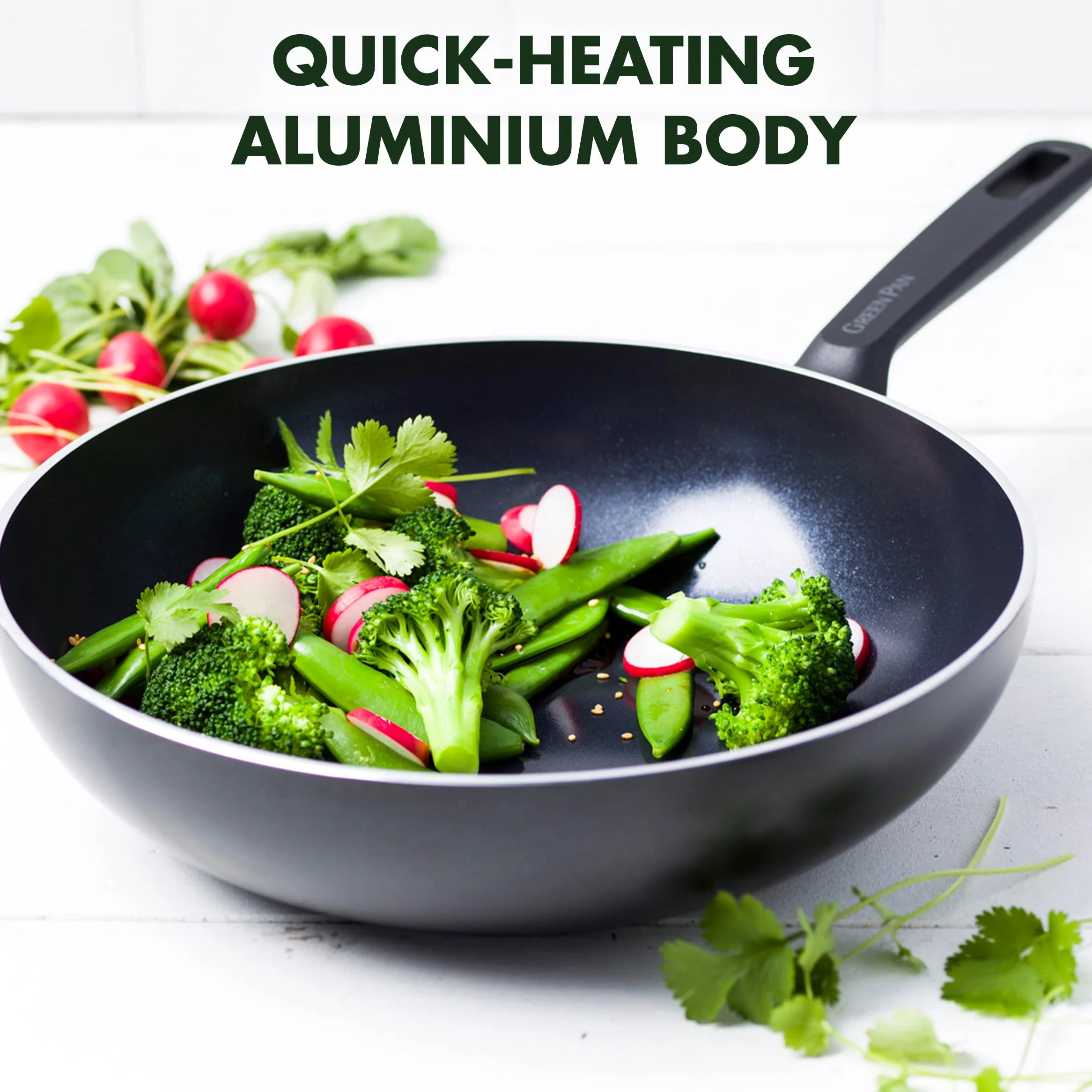 GreenPan Memphis Sartén Wok de Cerámica Saludable Antiadherente 30cm/3.6 Litros, Libre de PFAS, Inducción, Apta para Lavavajillas, Negro