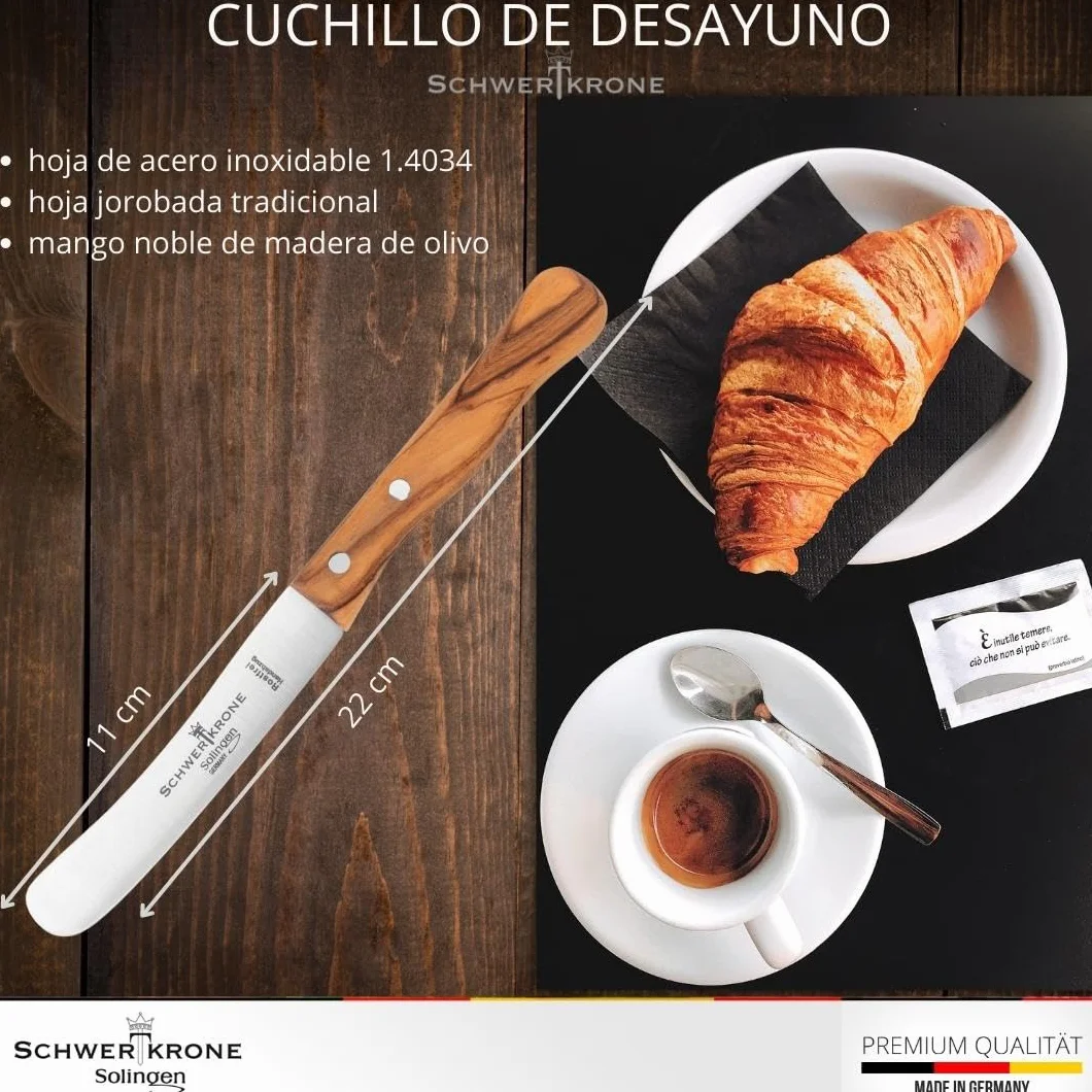 Schwertkrone Buckelsmesser - Cuchillo de desayuno original de Solingen, acero inoxidable, Dwünschliff, madera de olivo