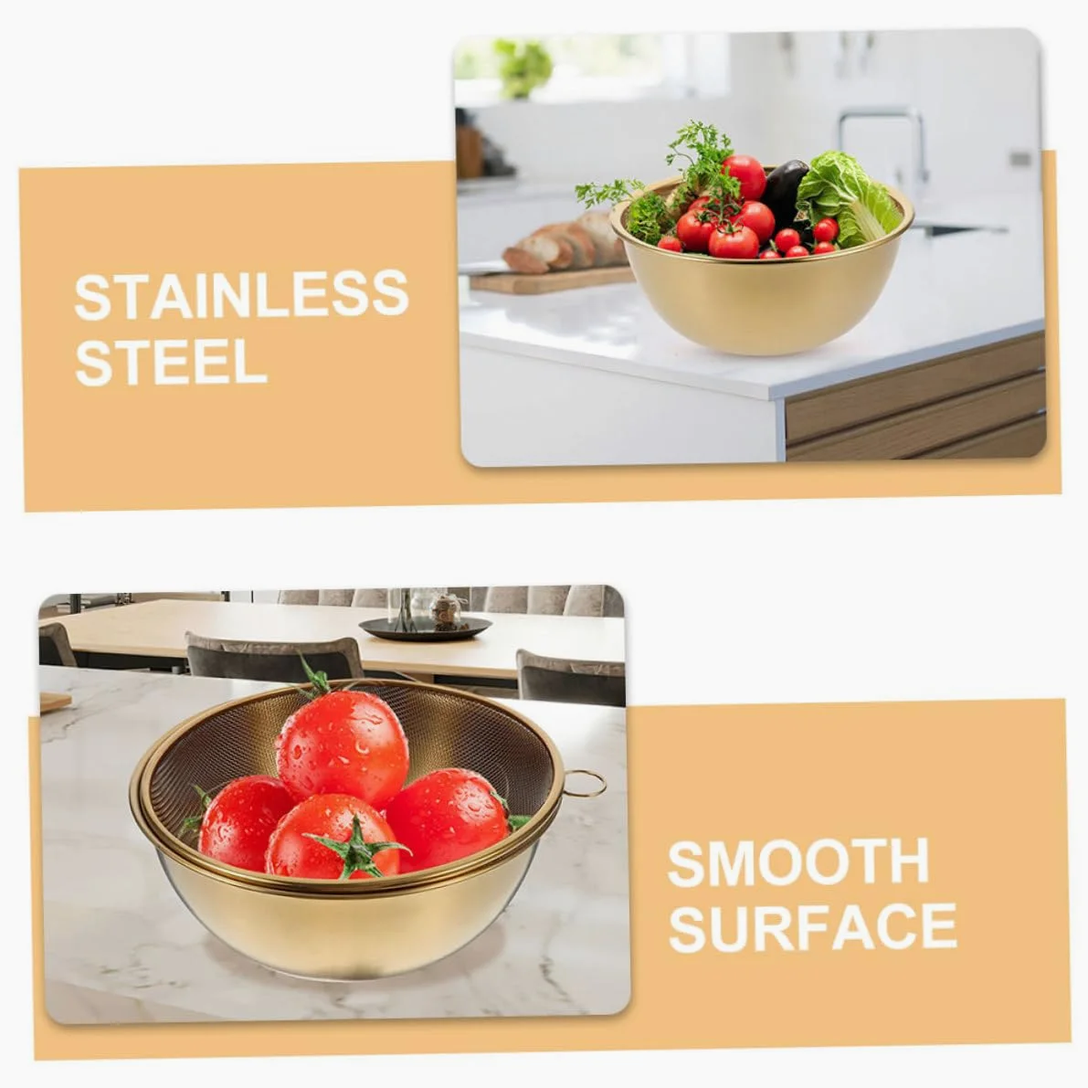 Colador de Malla Fina y Cesta de Drenaje 24 Cm de Acero Inoxidable Dorado para Lavar Arroz y Frutas, Práctico para Cocina y Lavado de Verduras, Juego de 2 Piezas