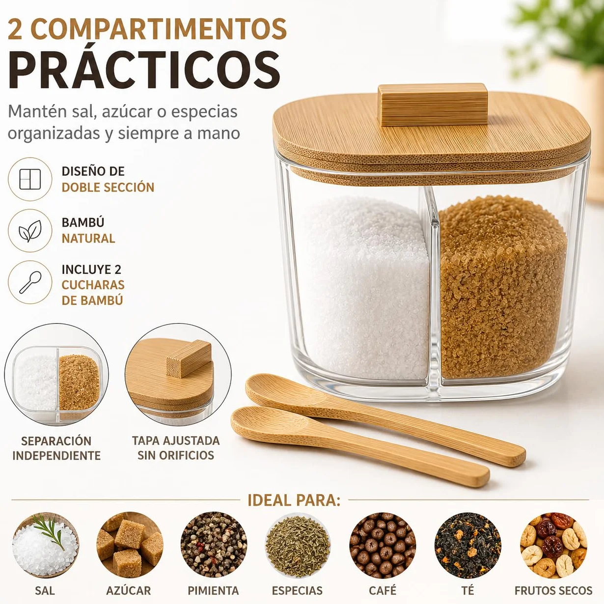Azucarero Salero con 2 Compartimentos Tapa de Bambú y 2 Cucharas Recipiente para Azúcar Sal o Especias Organizador de Cocina Transparente Bote para Café y Condimentos