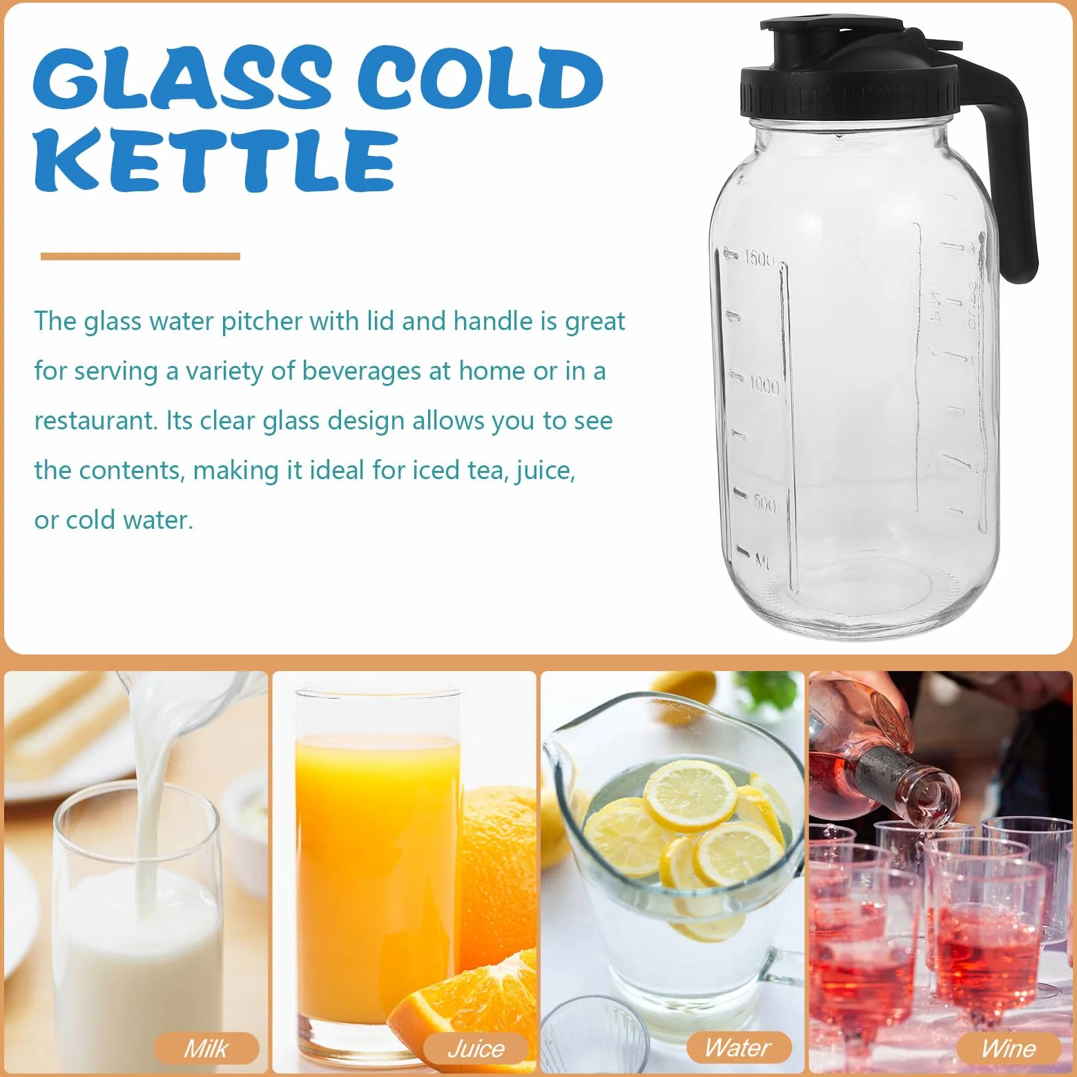 VALICLUD Jarra de Vidrio Transparente con Tapa y Asa Conveniente de 64 Oz, Jarra de Agua Fría con Gran Capacidad para Refrigerador y Restaurante