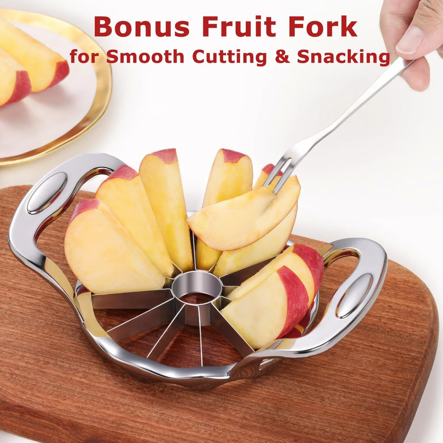 Cortador de manzanas grande de acero inoxidable de 12 rebanadas para cortar y dividir frutas con 3 tenedores de frutas y un cepillo de limpieza