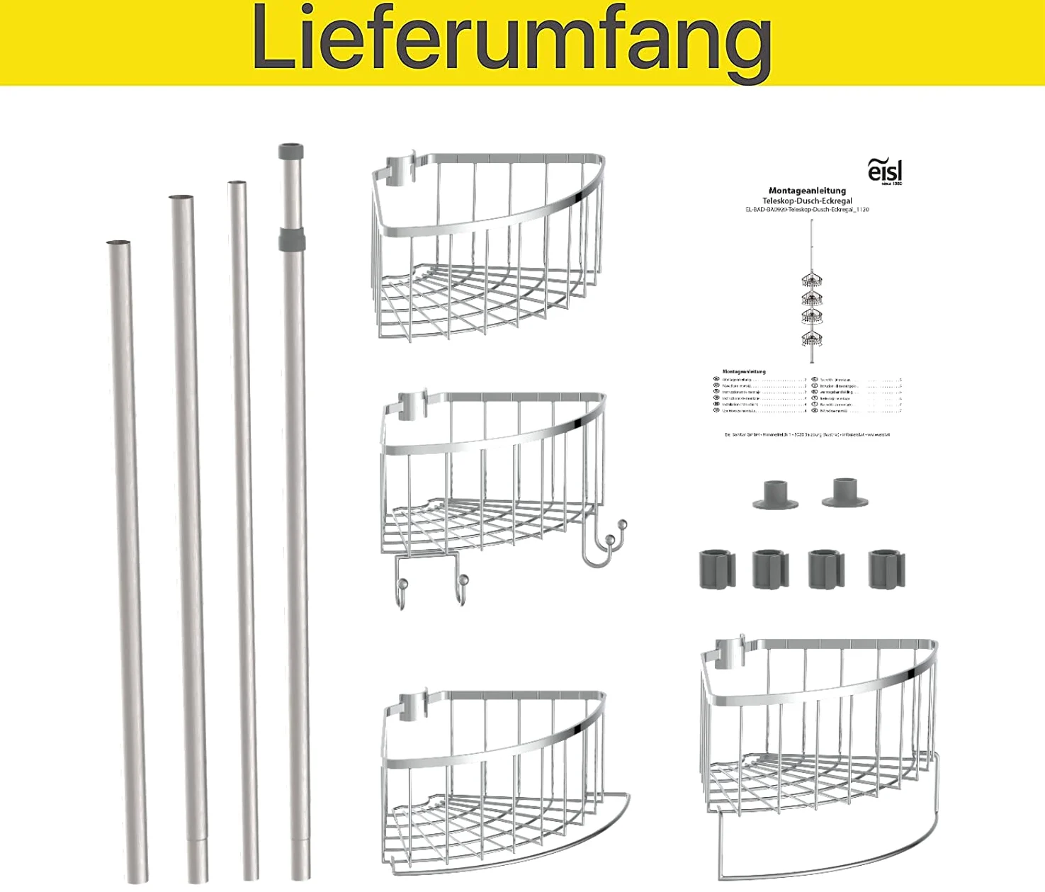 EISL Estantería telescópica para ducha con 4 cestas de ducha, sin agujeros, accesorios de baño, cesta de almacenamiento para baño, acero inoxidable