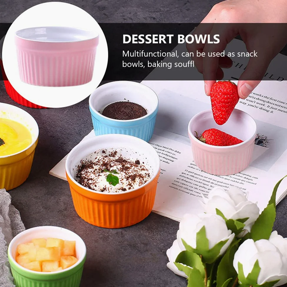 Juego de cuencos para hornear, 5 ramequines de cerámica para salsas, pudín y postres, ideal para crema brulee, servir aperitivos, esenciales de cocina aptos para horno