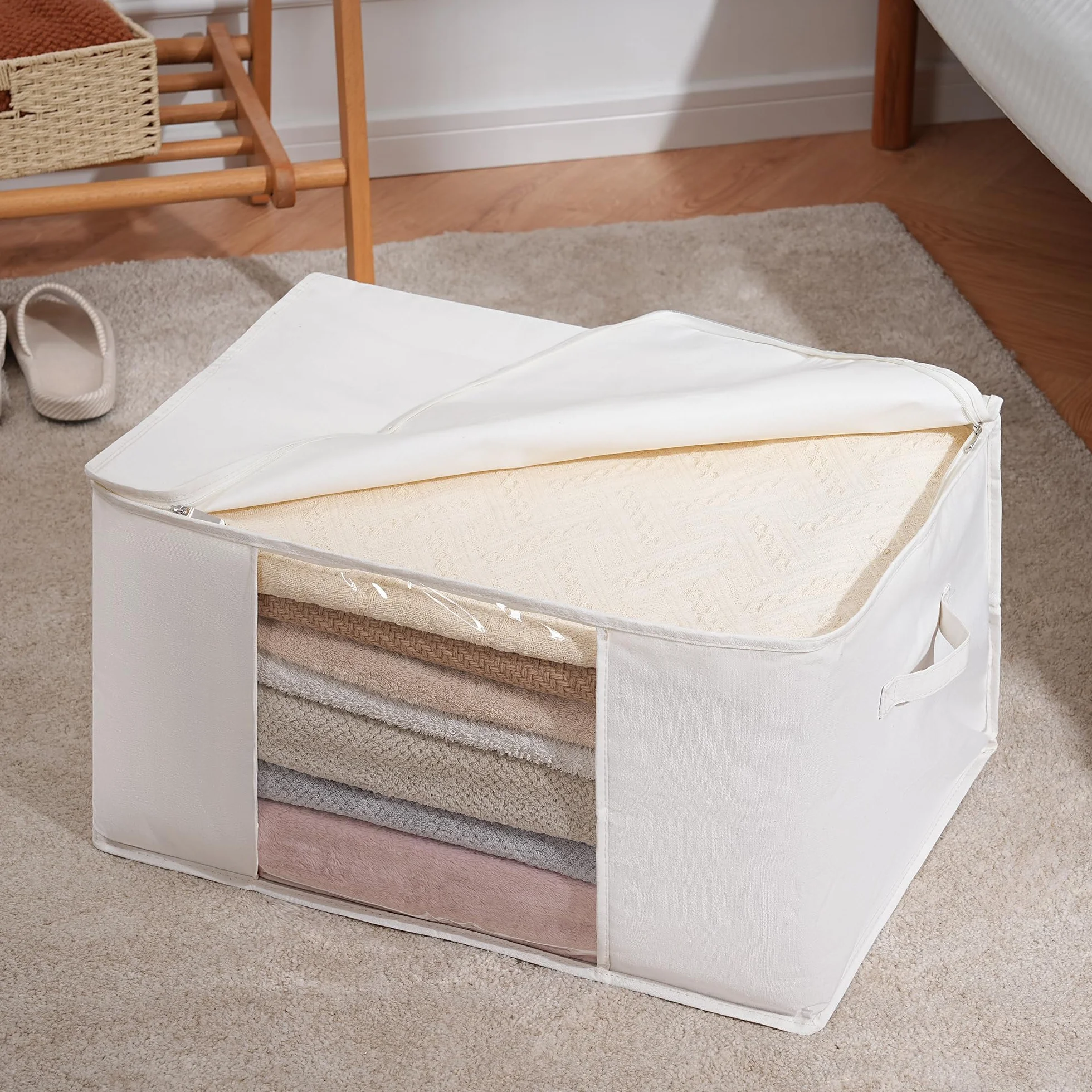 TYEERS Bolsas de Almacenaje de Tela Mezclada con Algodón, con Cremallera y Ventana Transparente, Organizador Armario para Ropa de Temporada y Ropa de Cama, 60x40x35 cm, Paquete de 2, Beige