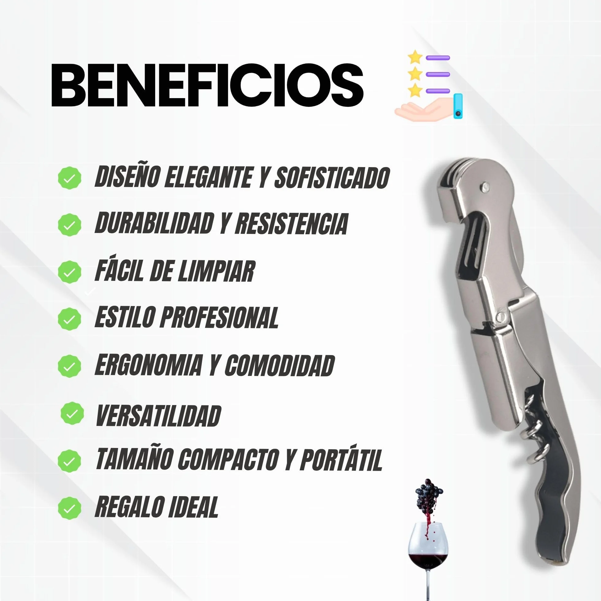 Abridor de Vino (Pack de 2) | Sacacorchos Profesional | Abrebotellas | Saca Rolhas de Acero Inoxidable | Abridor Botellas Vino Resistente (Plateado 2 Unidades)