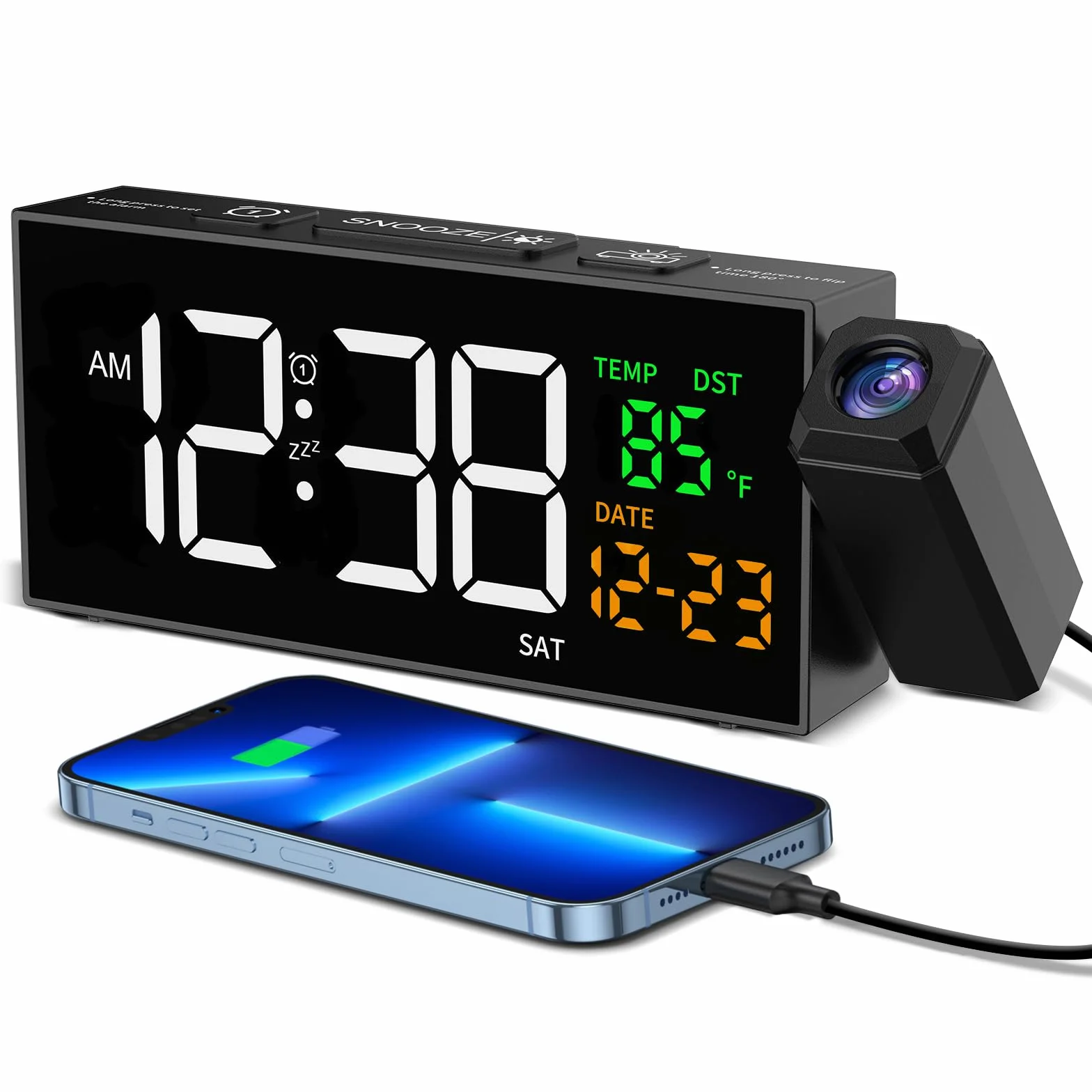Despertador digital con función de proyección, Reloj despertador con proyector de 350°, termómetro, fecha, pantalla grande, 10 tonos de llamada, Snooze, DST manual, Reloj despertador para dormitorio