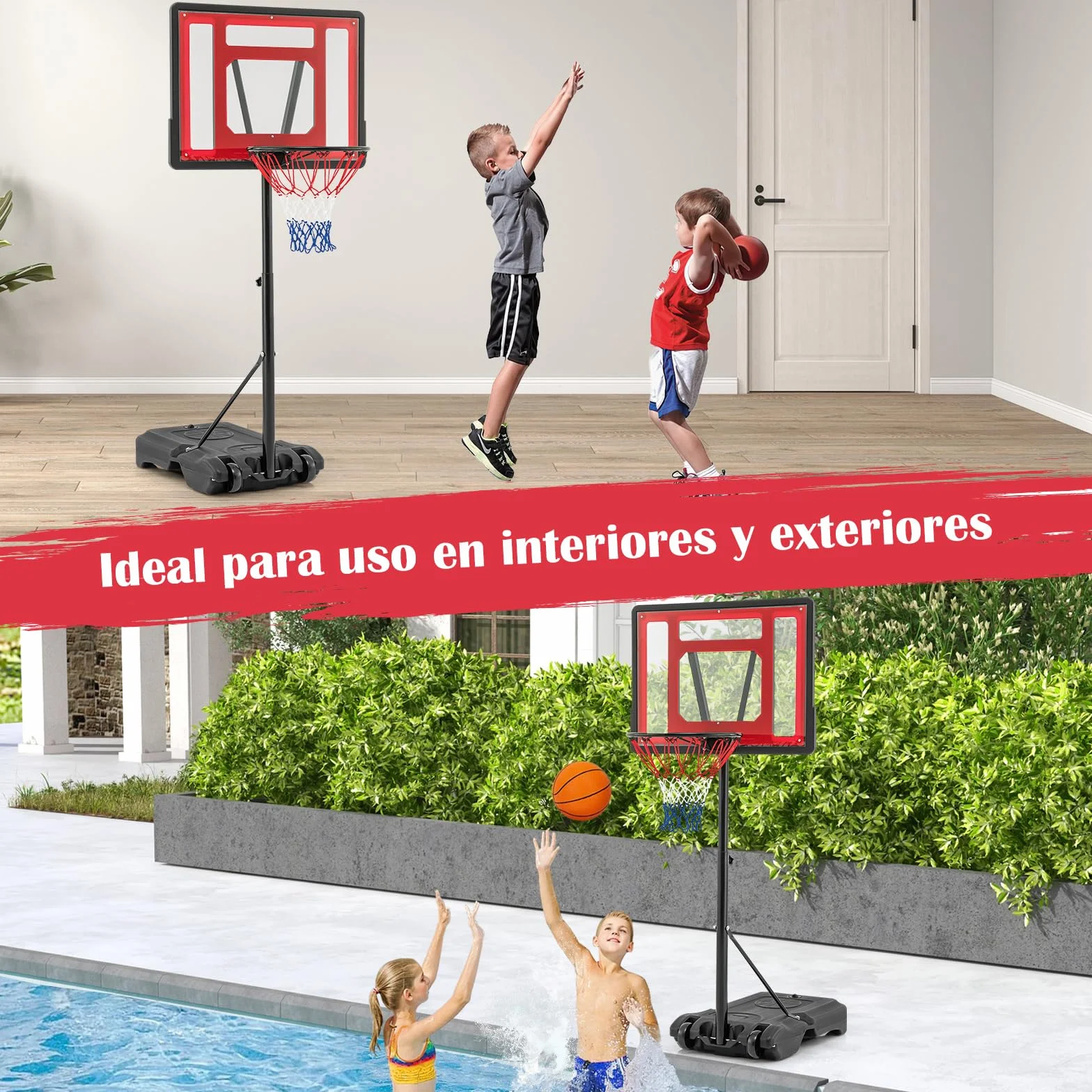 COSTWAY Canasta de Baloncesto Exterior, Altura Ajustable 115-135 cm, Aro con Ruedas para Niños y Adultos