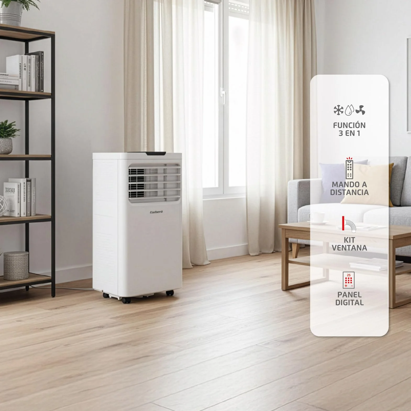 Corberó - Aire Acondicionado Portátil 3 en 1 con Mando | CPC12 | 12000BTU-3000 frigorias | 3500 W | Cobertura 22-25 m² | 16-31 ºC | Refrigeración | Ventilador | Deshumidificación |Temporizador