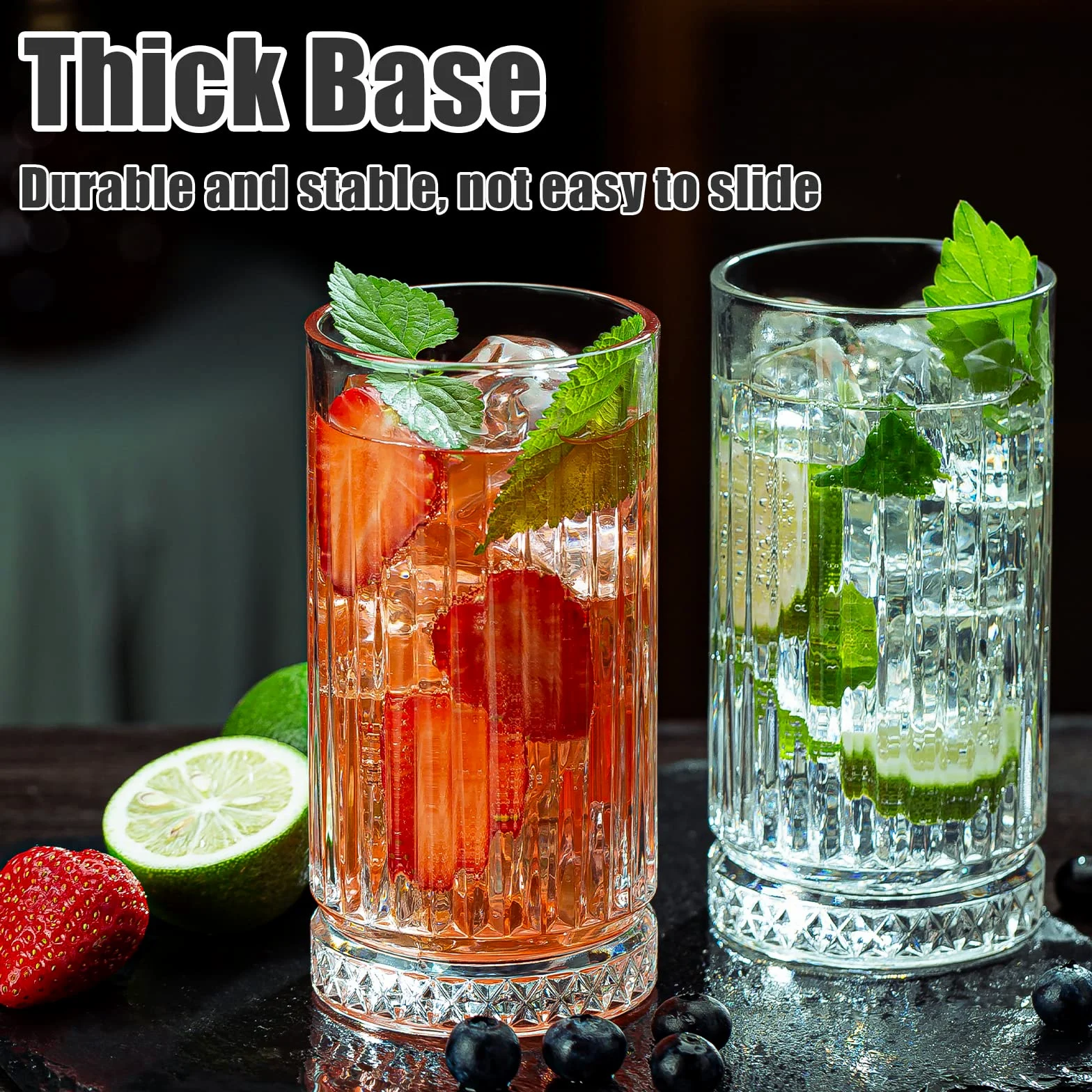 Vasos de cristal, juego de 8 vasos de vidrio duraderos, 4 vasos altos de 15 onzas y 4 vasos de roca de 12 onzas, vasos de mojito, vasos de cóctel, juego de cristalería de bar para cóctel,