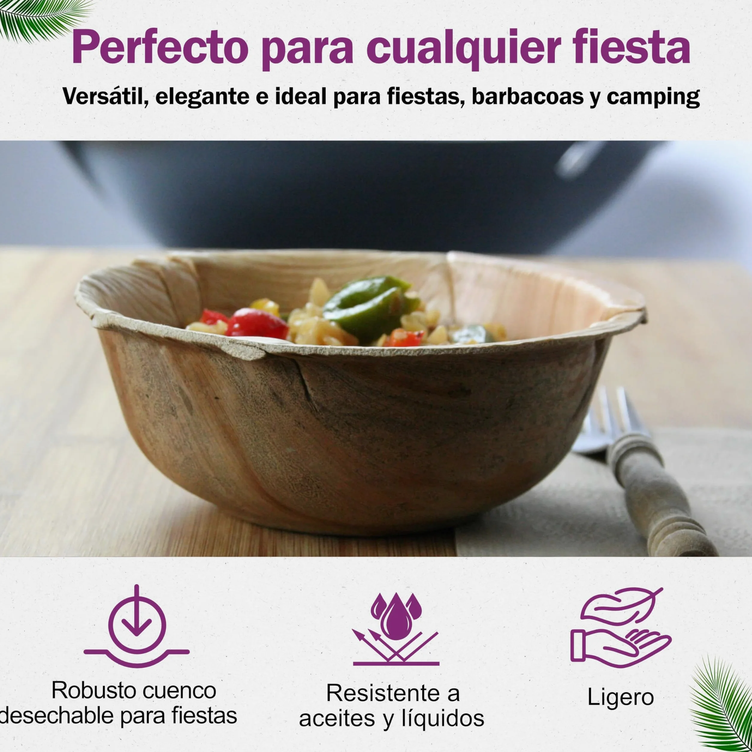 Vajilla Desechable de Hoja de Palma Orgánicos - 25 pz. Cunecos Ø 15 cm/ 500 ml y 25 Platos Cuadrados 25x25 cm