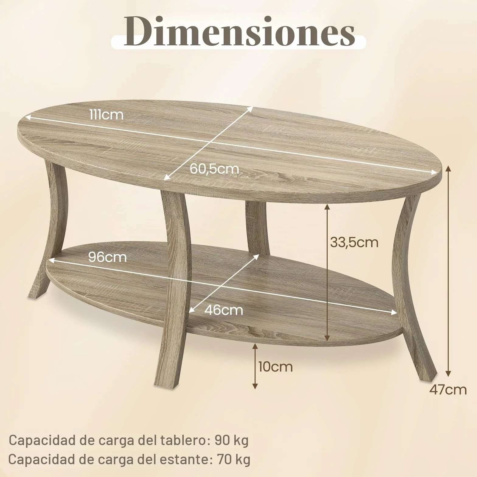 LIFEZEAL Mesa de Centro Ovalada de Madera de Caucho, Mesa de Centro de 2 Niveles con Estante de Almacenaje, Mesa Rústica para Salón, Hogar, Oficina, 111 x 60,5 x 47 cm (Natural)