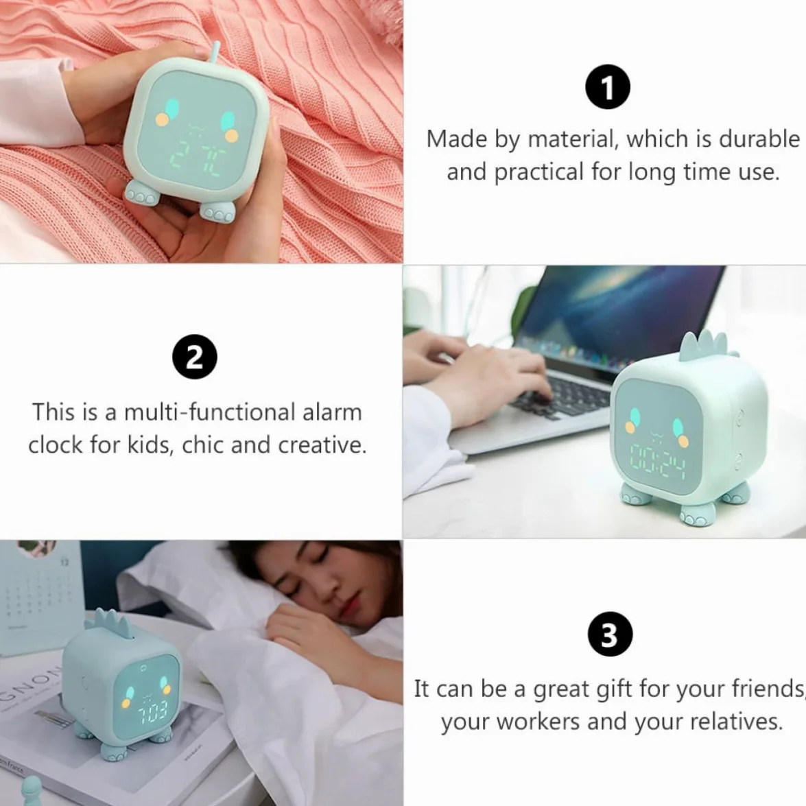 Mipcase Reloj Despertador Inteligente Diseño Animal de Plástico Verde, Función de Repetición y Silencio, Adecuado para Mesa de Noche Infantil