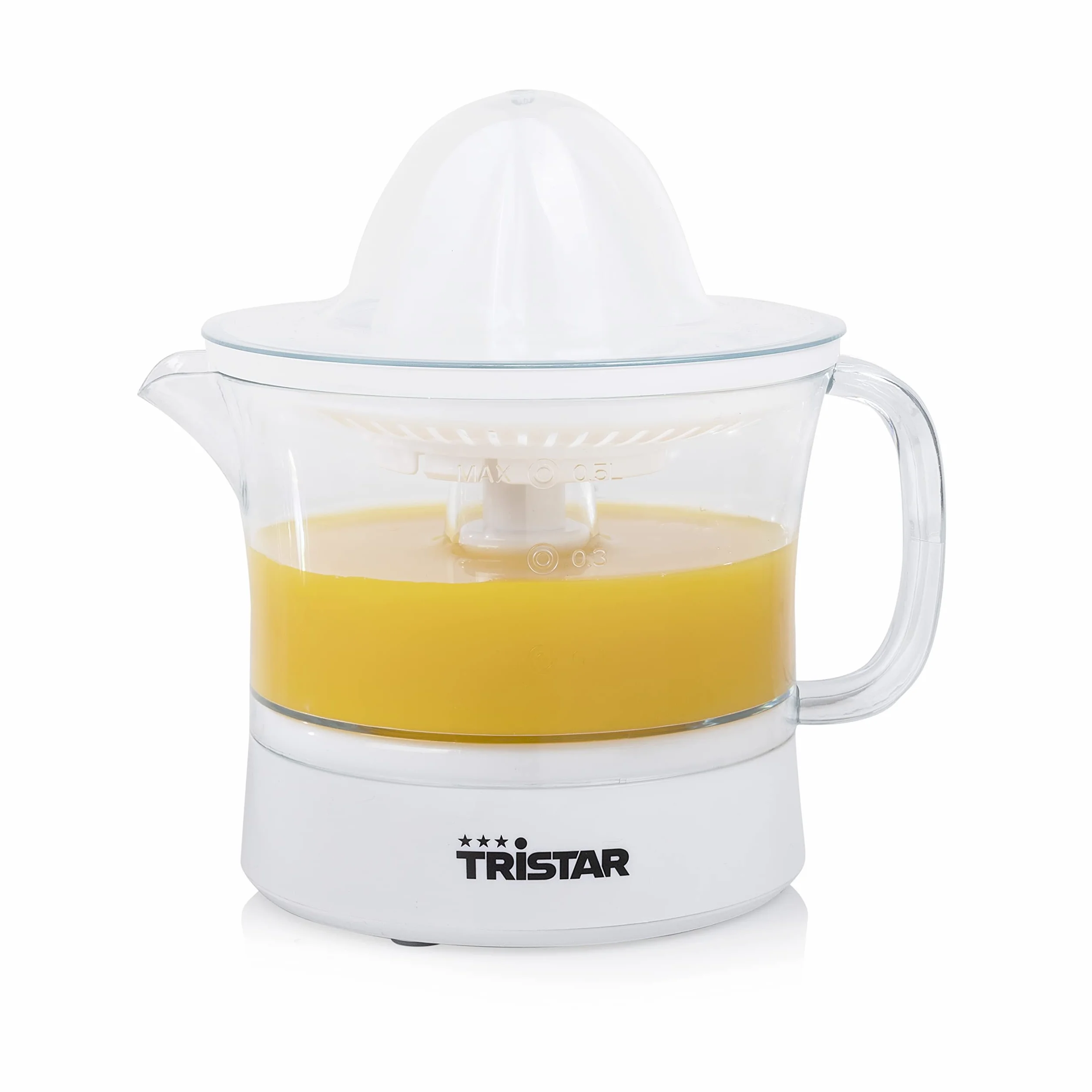 Tristar CP-3005 Exprimidor de cítricos · 25W · Capacidad de 0.5 L, 2 conos de diferente tamaño incluidos, Jarra extraíble, Tapa transparente antipolvo, libre de BPA, blanco