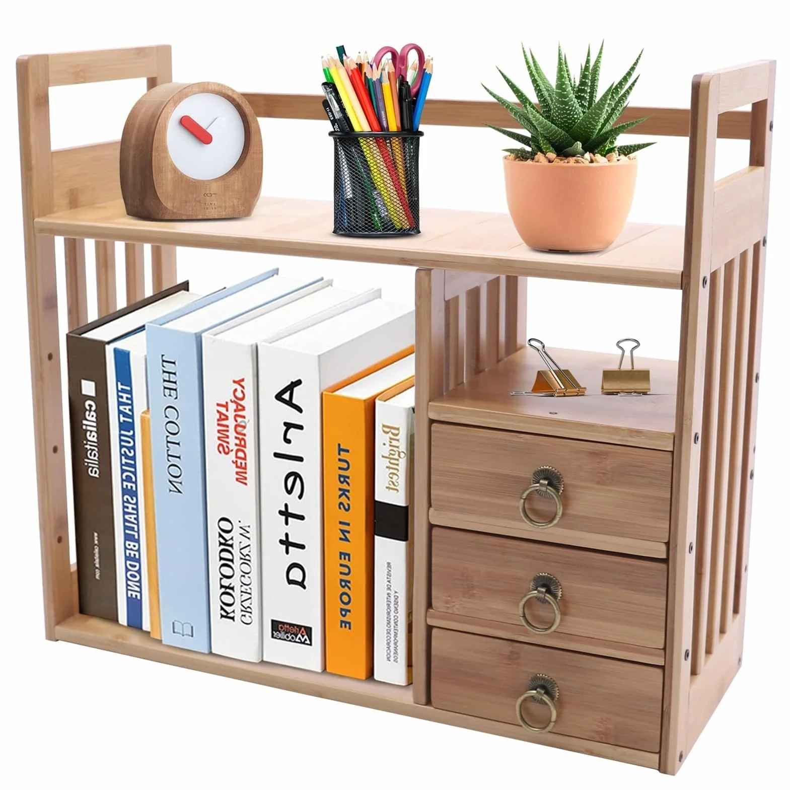 Estante Librería De Sobremesa De Bambú - Libreria Scrivania Con 3 Cassetti, Estante De Exhibición Del Almacenamiento Del Juego De Té De La Sala De Estar(50cm)