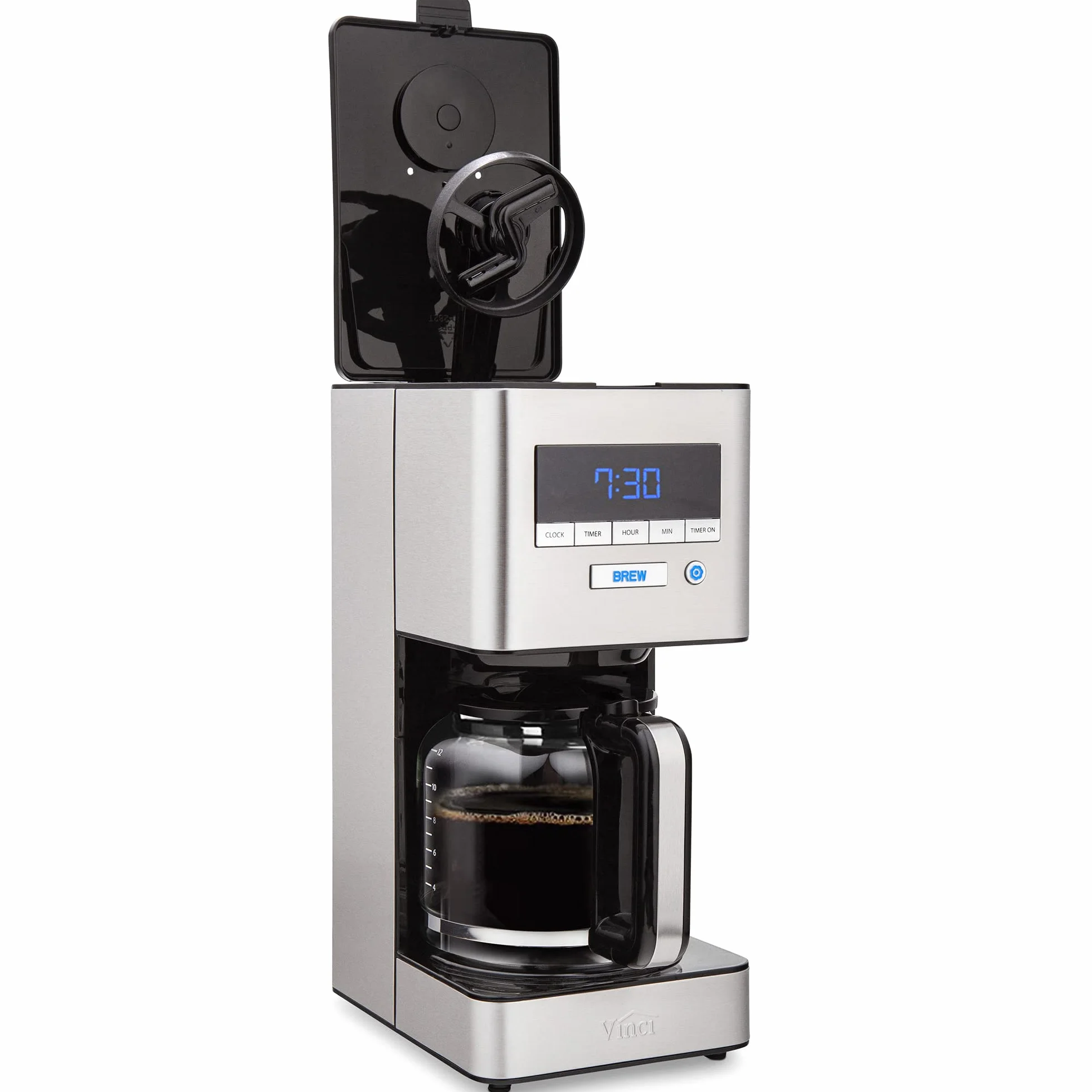 VINCI RDT Elite - Cafetera giratoria con cabezal de rociado | Cafetera programable de 12 tazas con función de floración y tecnología de dispersión rotatoria, color negro y acero inoxidable, apagado