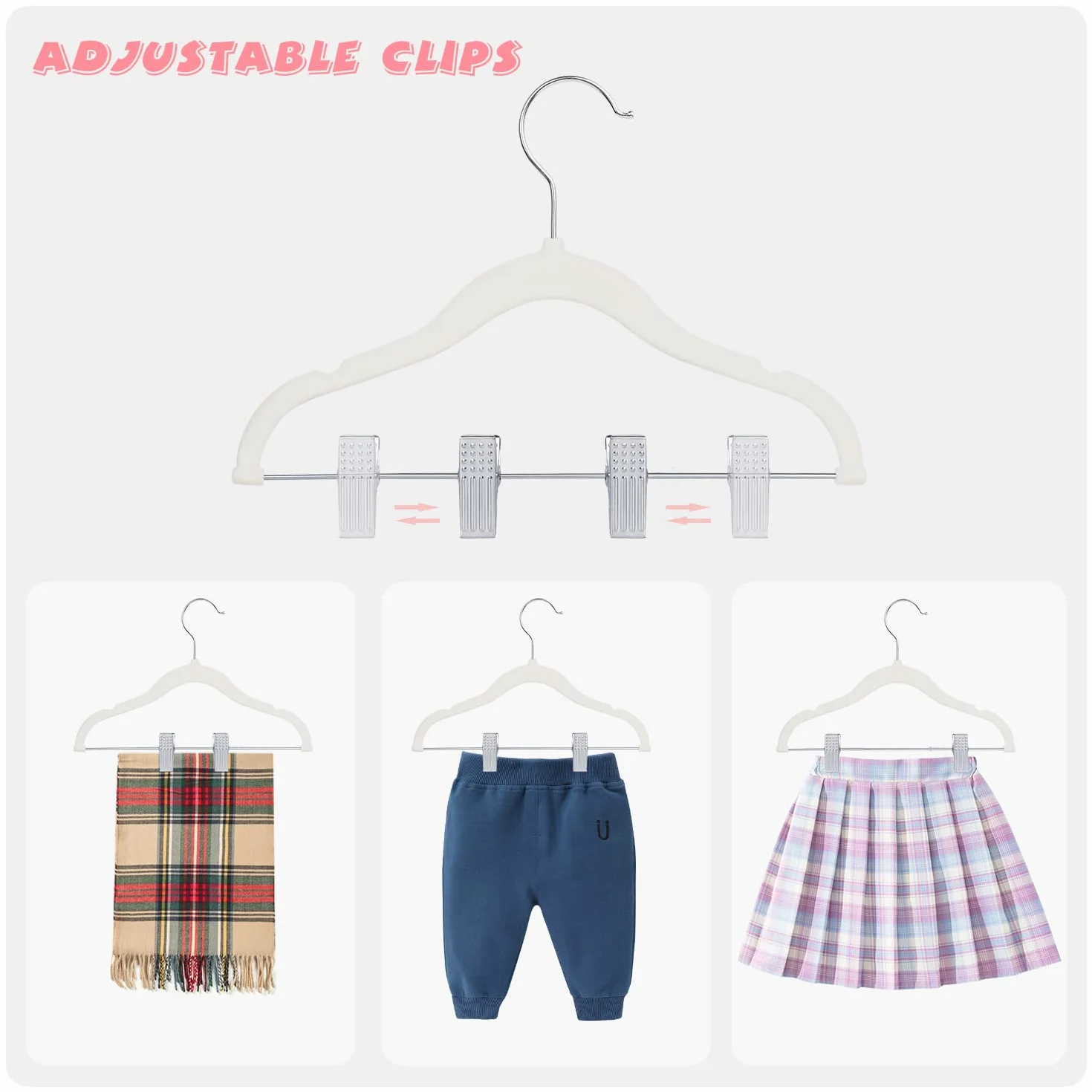 ManGotree Perchas de terciopelo para bebé de 11.8 pulgadas con clips móviles, perchas antideslizantes para ropa de niños, perchas de fieltro ultrafinas que ahorran espacio para camisas, pantalones