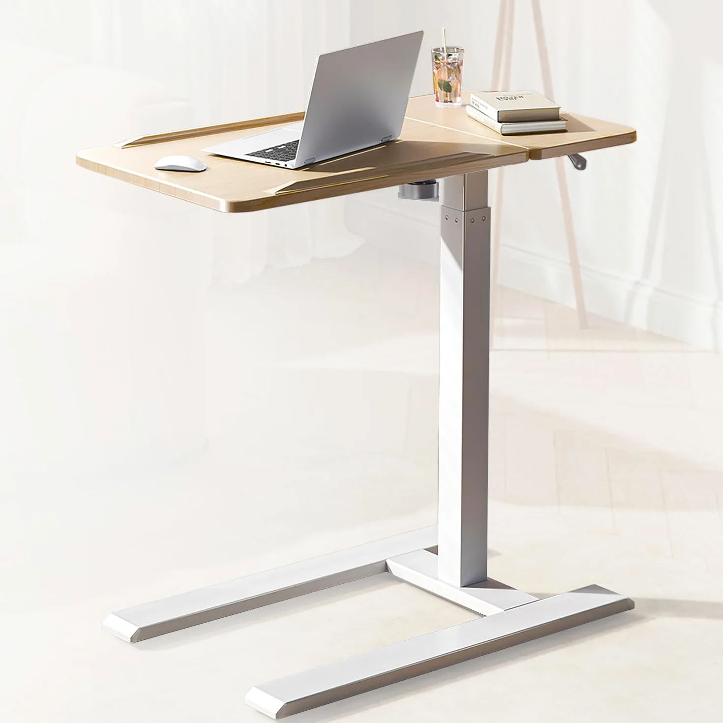 SIHOO D01 Escritorio Elevable Mesa Escritorio con Ruedas - Montaje Sencillo, Ajustable en Altura Neumático para Portátil/Cama/Uso Médico Hospital (Madera de Arce en Acabado Blanco)