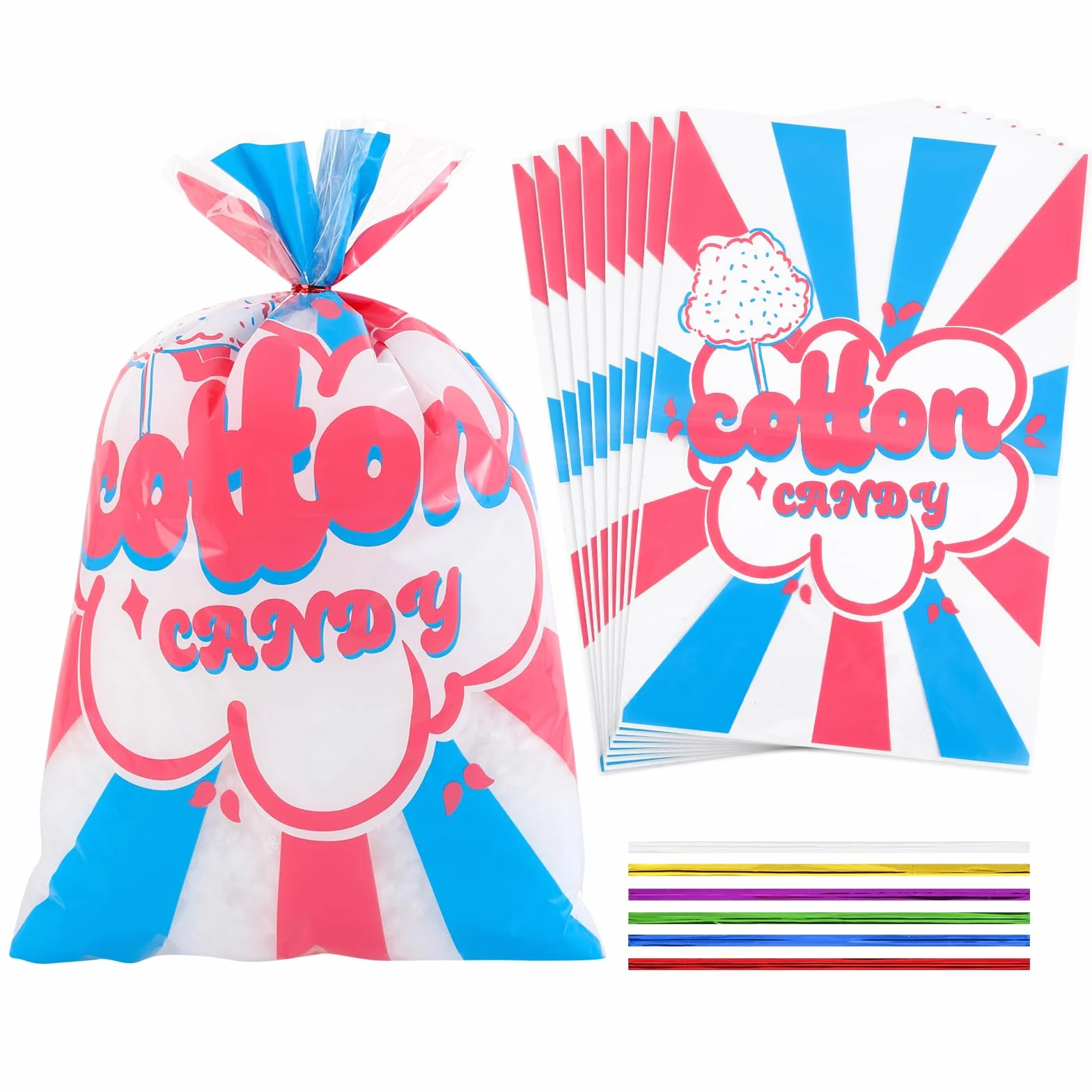 Bolsas de algodón de azúcar con lazos, suministros de algodón de azúcar para circo, carnaval, fiesta de cumpleaños, recuerdos de 12 x 18 unidades, 50 unidades