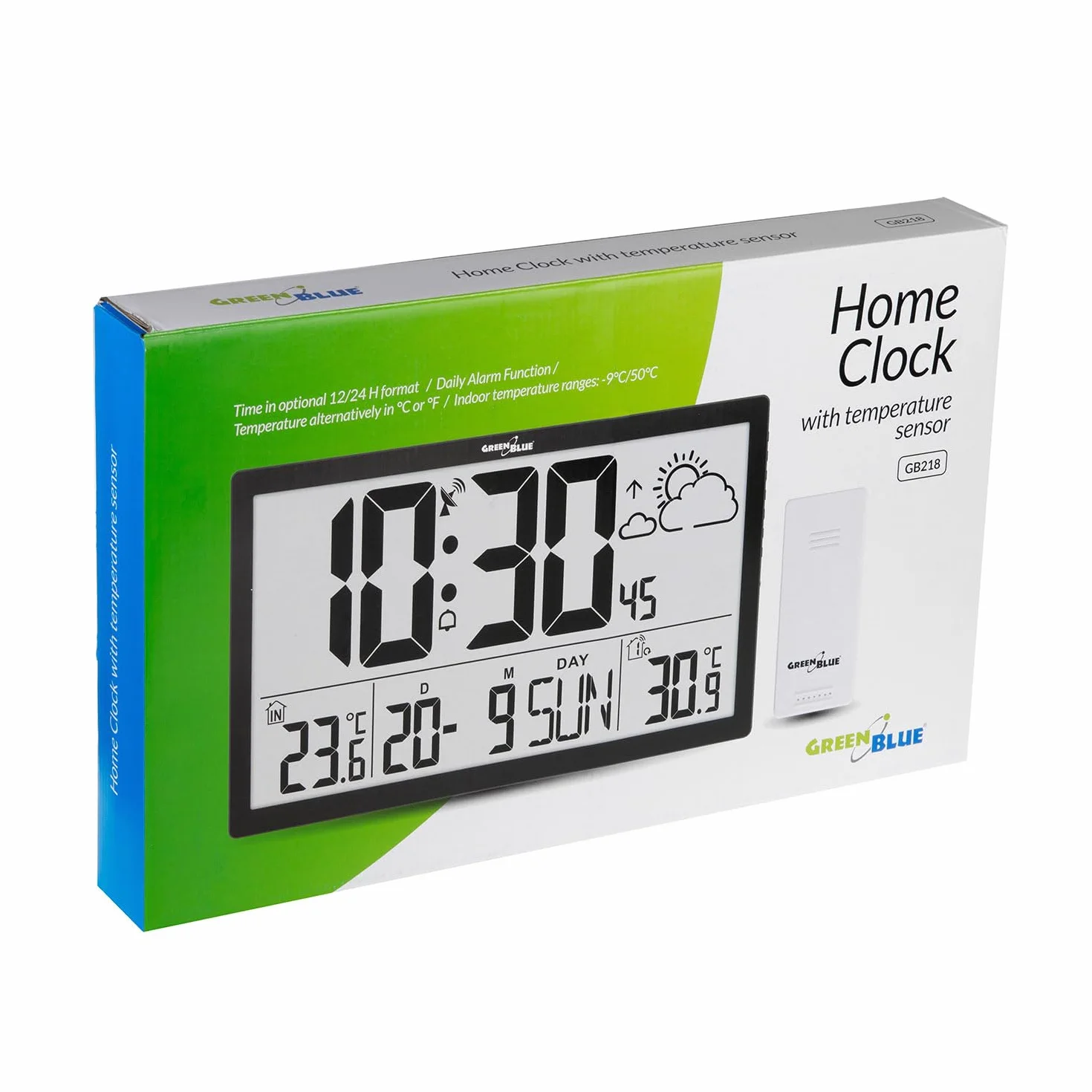 Green Blue GB218 Reloj de Pared Grande Digital con Sensor Exterior, Reloj DCF, Alarma con Función de Repetición, Pantalla LCD, Temperatura Interior y Exterior, Previsión, Dimensiones 37 x 22,5 cm