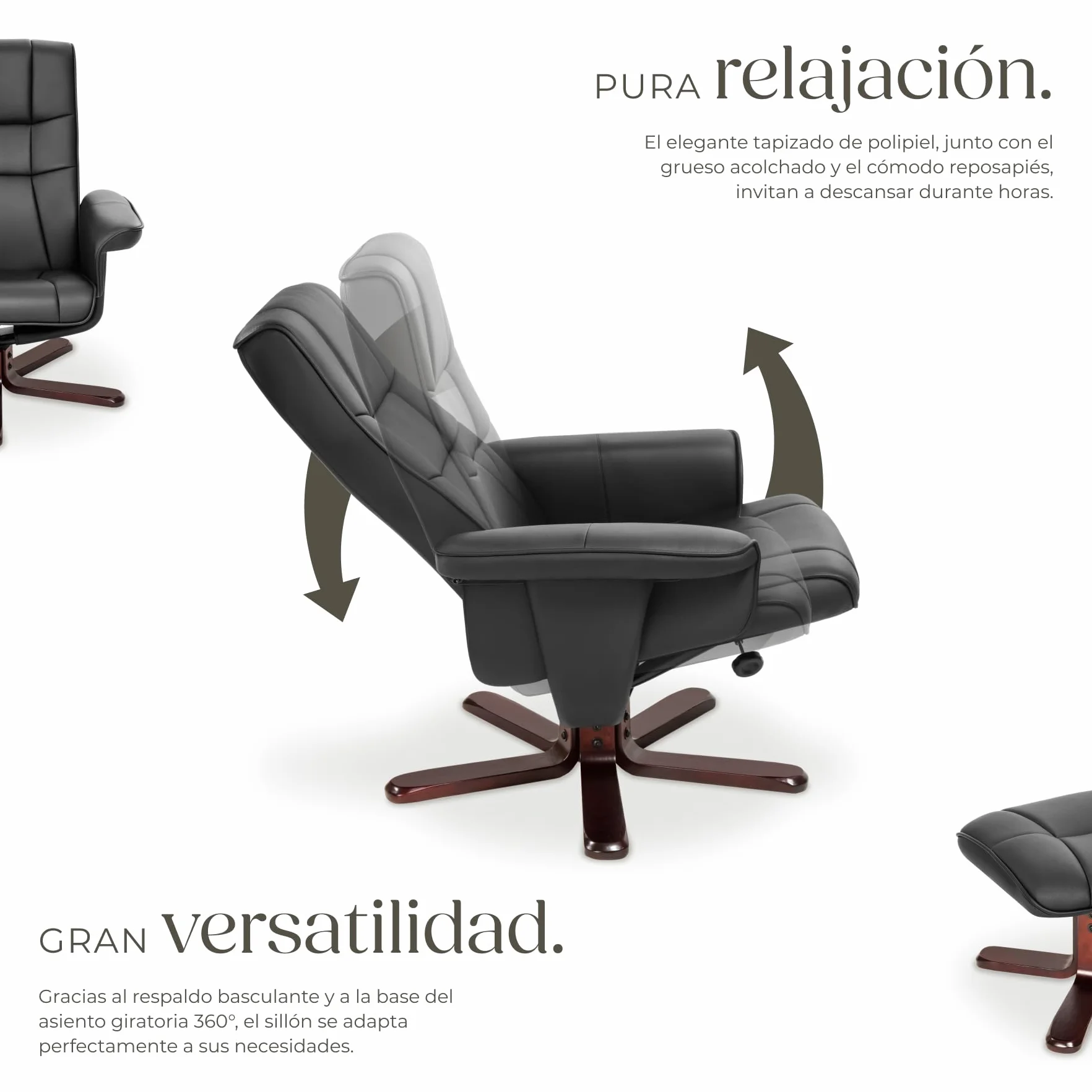 tectake® sillón Relax reclinable con Taburete, Respaldo oscilante y 360° Giratorio, cómodo Acolchado con Funda de Cuero sintético, Ideal para salón, Dormitorio o Lectura - Negro/Marrón