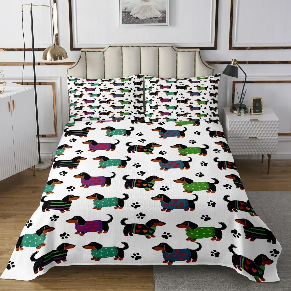 Manfei Lindo edredón de perro salchicha tamaño individual, juego de colcha de patas de perro, 2 piezas, regalos para amantes de los perros, colcha acolchada con 1 funda de almohada, decoración de