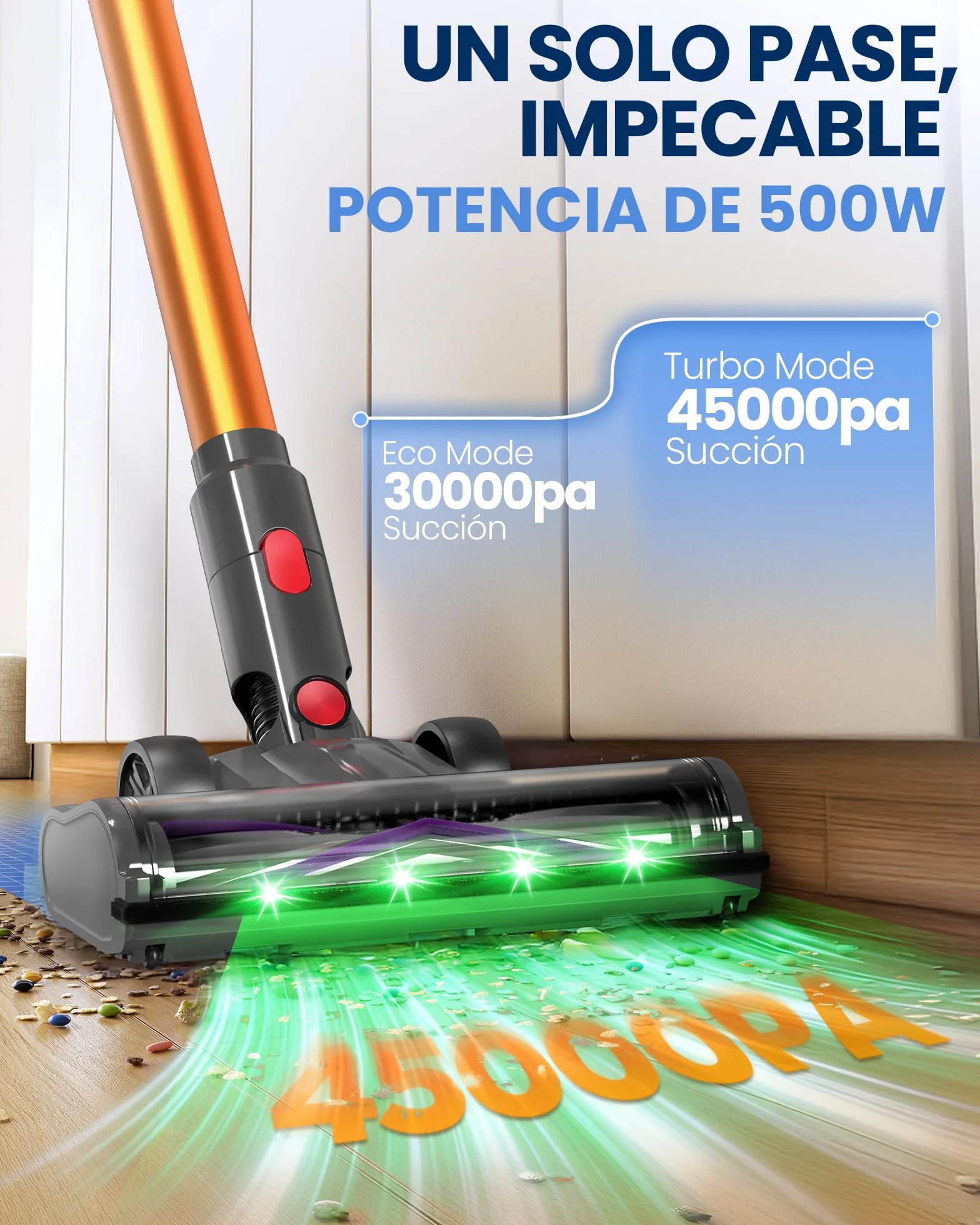 DP2 Aspiradora Sin Cable con Doble Batería, 45KPa/60Min/500W, Pantalla LED, Tubo Telescópico, Autónomo, Luz Verde, Aspiradora Escoba Sin Cable para Pelo de Mascotas/Alfombras/Suelos Duros