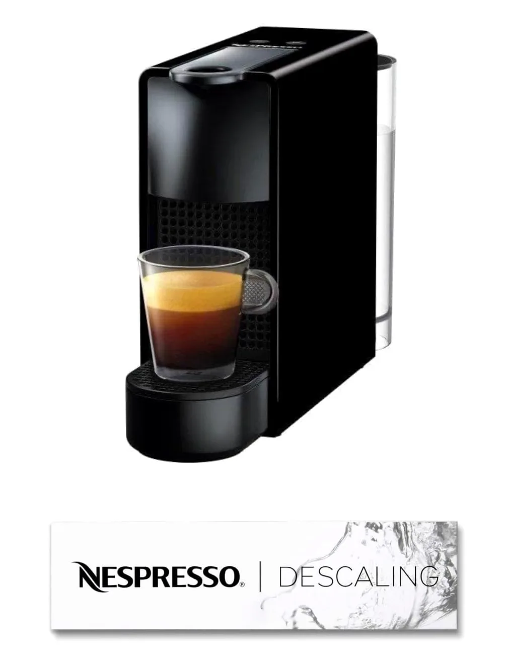 Nespresso Krups Essenza Mini XN1108 con juego descalcificador Descaling 2 x 100 ml, cafetera De'Longhi, sistema de cápsulas originales, depósito de agua 0,6 l, negro