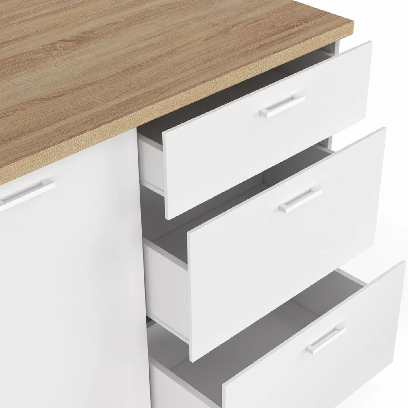 IDMarket - Isla central TIBO 110 cm de extensión frontal con 3 cajones de madera blanca con encimera de haya