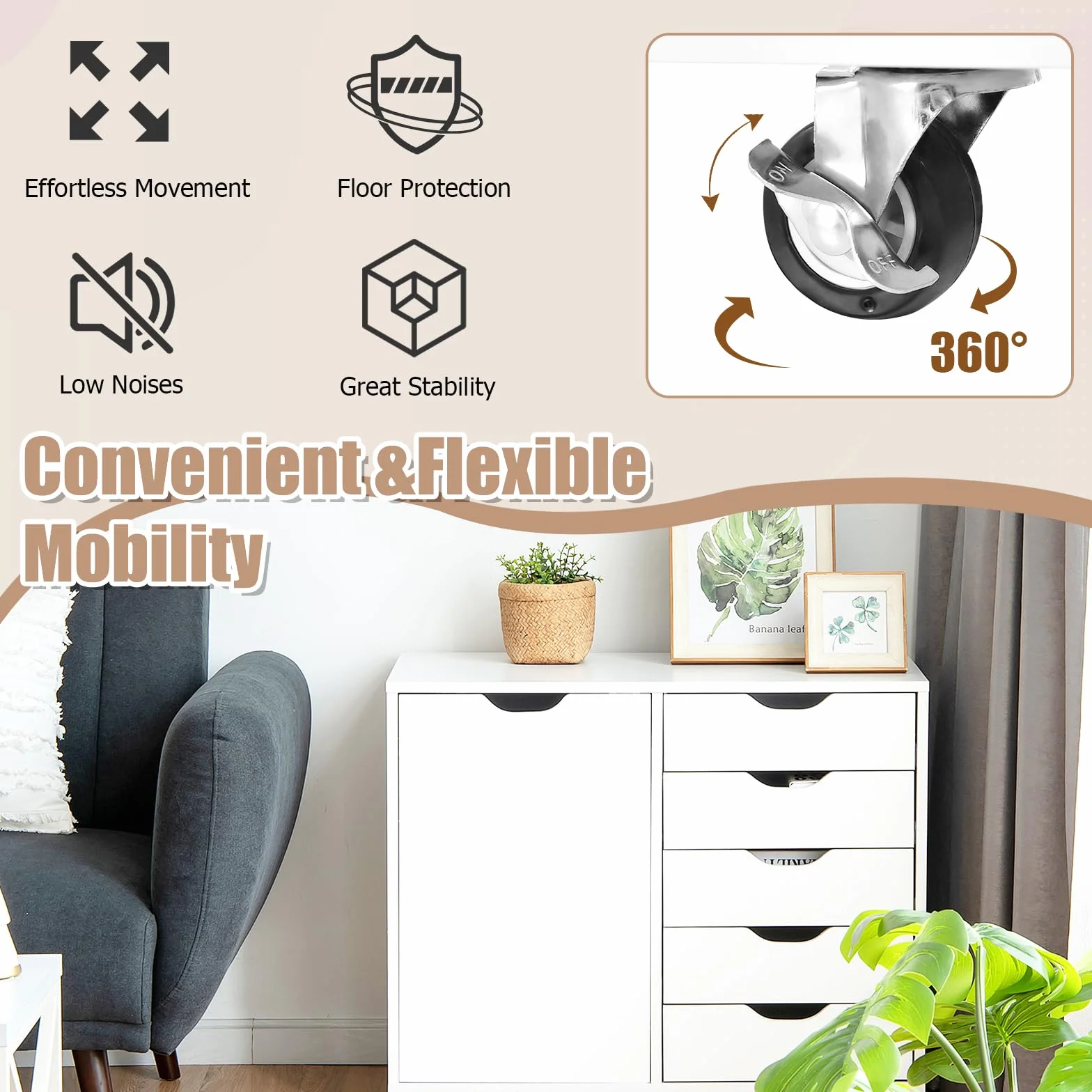 KOMFOTTEU Archivador Móvil con 5 Cajones y Puertas, Armario de Almacenamiento con 5 Ruedas, Cajonera de Madera, Mueble Auxiliar para Oficina, Soporte para Impresora, 79 x 39 x 65 cm, Blanco
