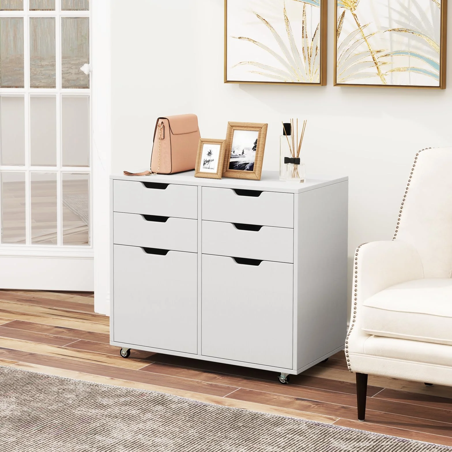 KOMFOTTEU Archivador Móvil con 5 Ruedas, Cómoda con 4 Cajones y 2 Armarios con Puertas, Soporte para Impresora de Madera, Mueble de Almacenamiento para Oficina, Salón