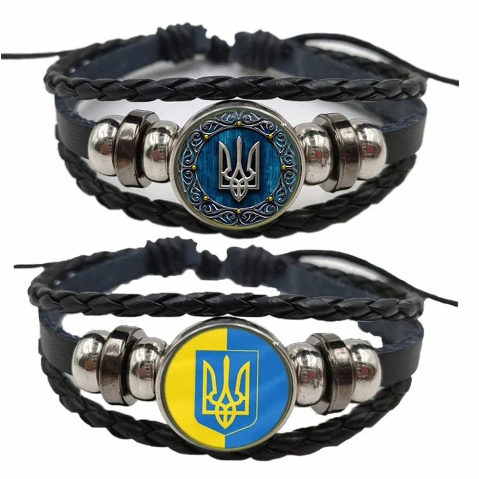 Wudaizhi Flaj Ucrainian Intercambible Tiempo De Piedra Múltiple Símbolo Símbolo Trident Trident Rune Leather Bangle Punk Jewelry, Paquete De 2
