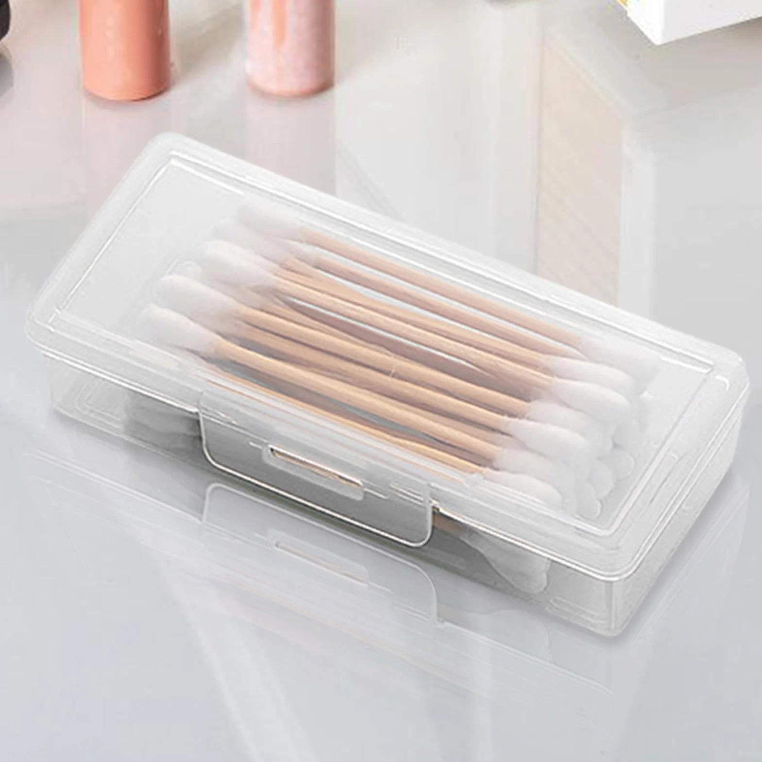 Hisopo de algodón – Organizador de soporte para uso de tocador, estuche de almacenamiento portátil transparente con compartimento compacto y recipiente de accesorios de baño para palillos de oídos