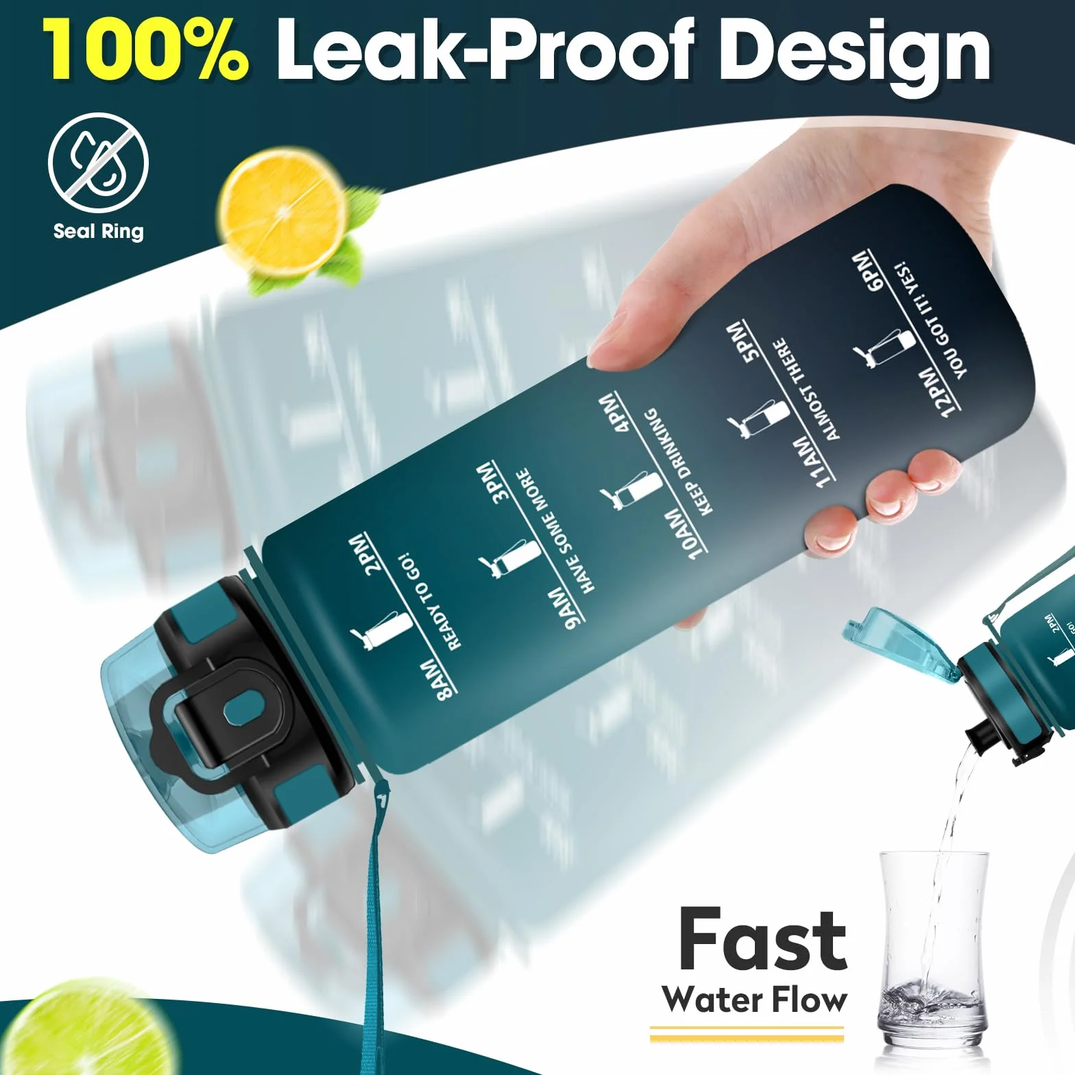 Botella Agua con Filtro 1L sin BPA, Cantimplora Deportiva con Marca de Tiempo Reutilizable