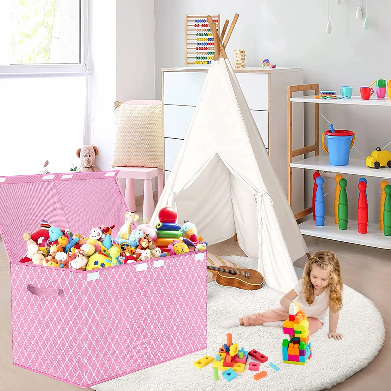 Cajas de Almacenaje con Tapa 83L Organizadoras de Tela Plegable para Juguetes Ropa Libros Rosa