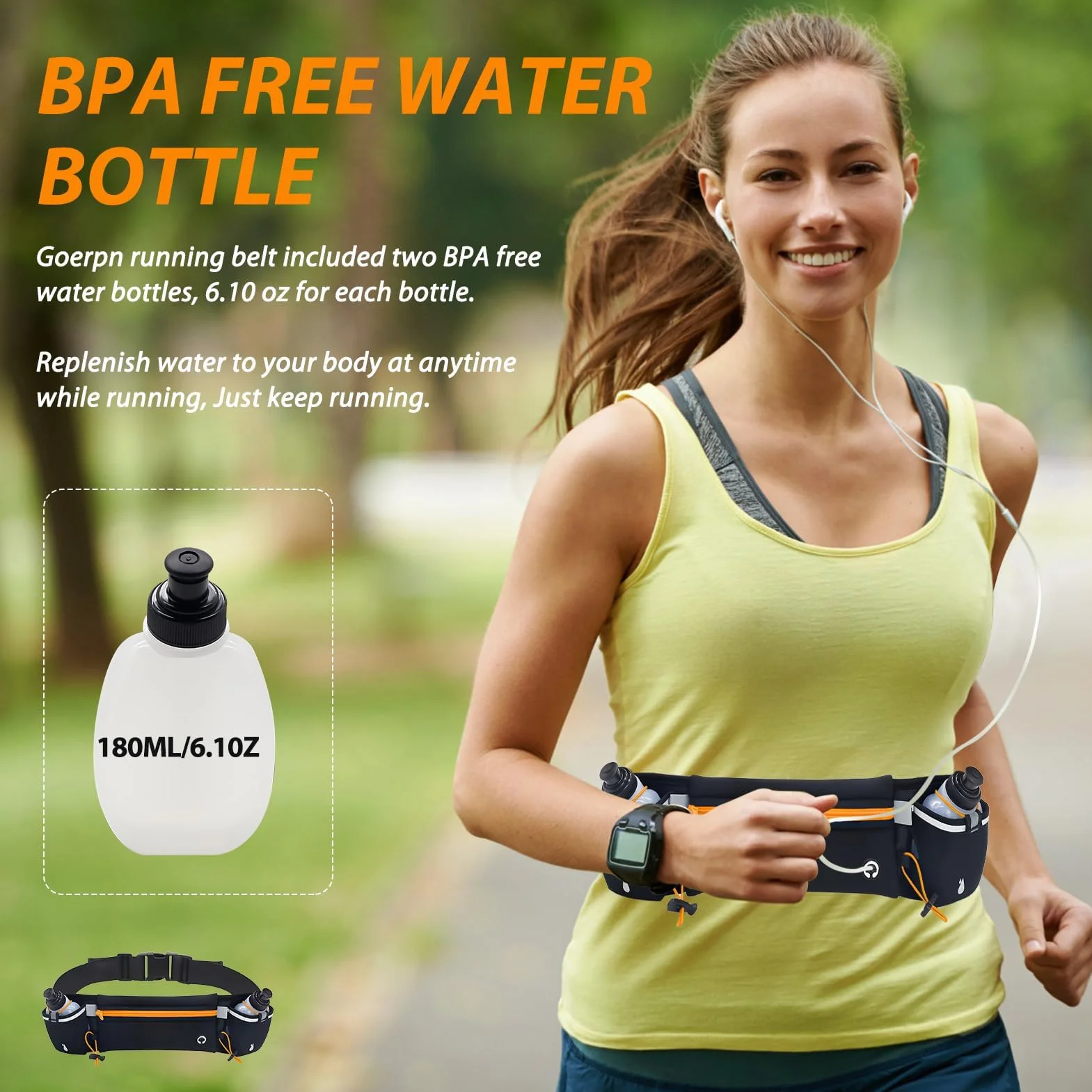 Cinturón para Correr con Botellas de Agua 2x180ML Riñonera de Hidratación Ajustable Impermeable Negro Naranja