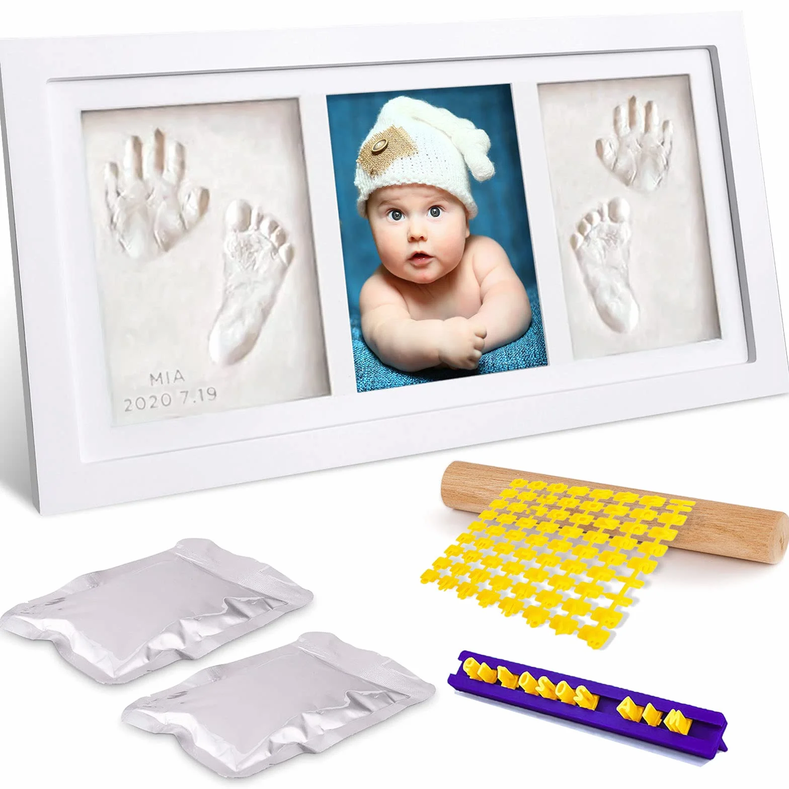 Frasheng Kit de Huellas de Mano y Pie de Bebé, Marco de Fotos de Madera con Moldes Alfabeto para Recién Nacido