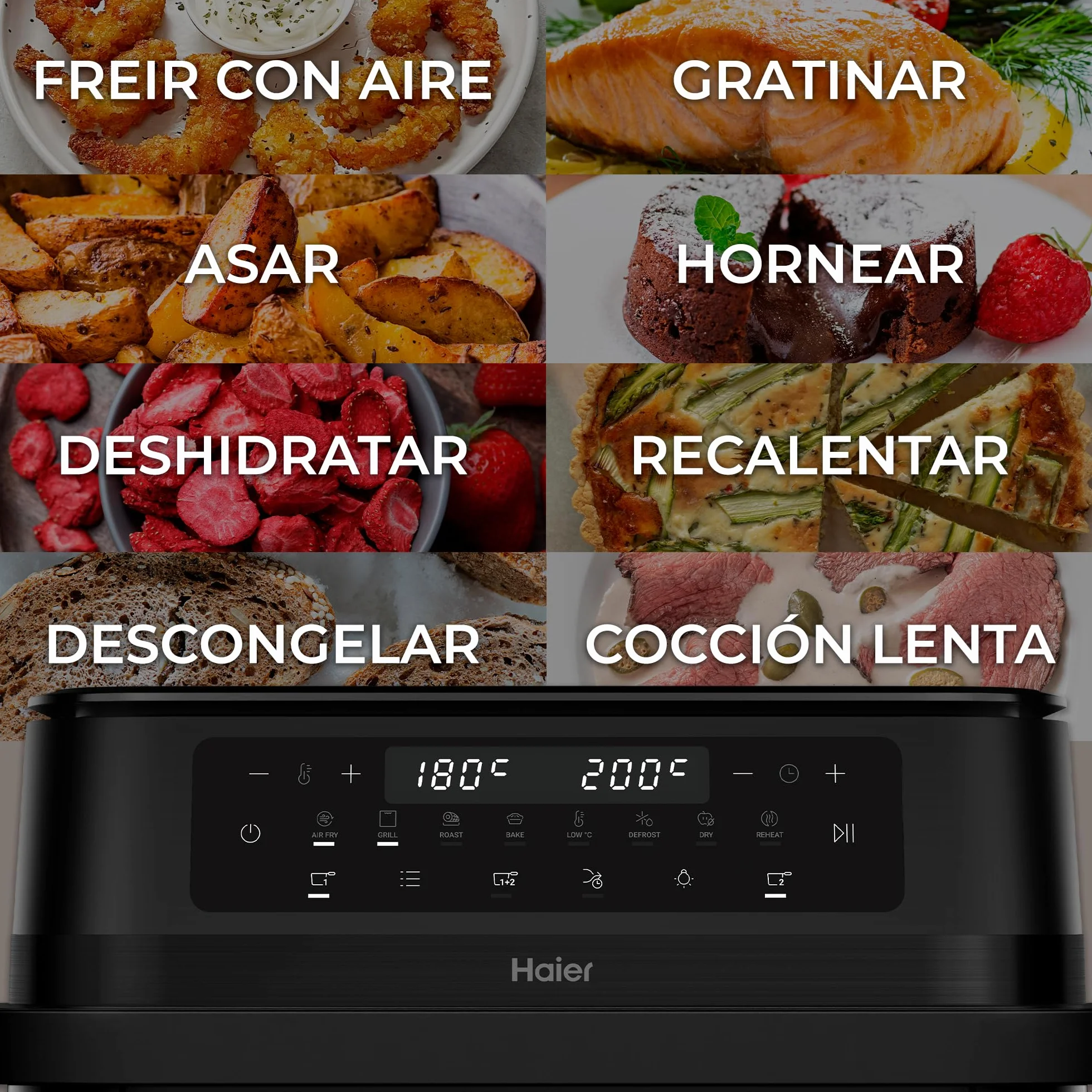 Haier Freidora de Aire Flexi | 11L con Divisor y Ventana | 8 Funciones, Divisor para 1 o 2 Zonas, Función Sync, Alerta de Agitado, Antiadherente, Lavavajillas