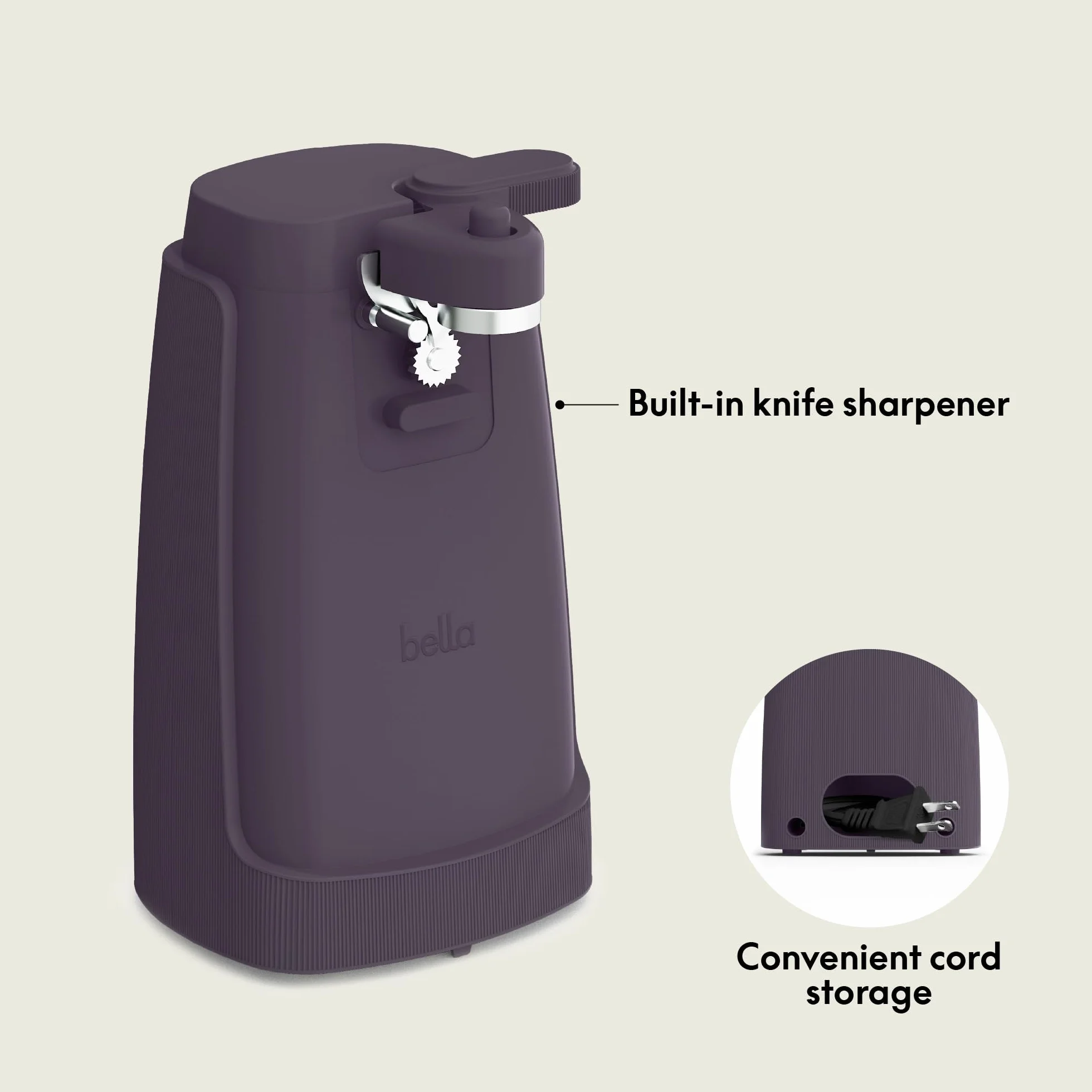 bella Abrelatas eléctrico y afilador de cuchillos, abridor multifuncional de tarros y botellas con palanca de corte extraíble y almacenamiento de cable, hoja de acero inoxidable, ciruela