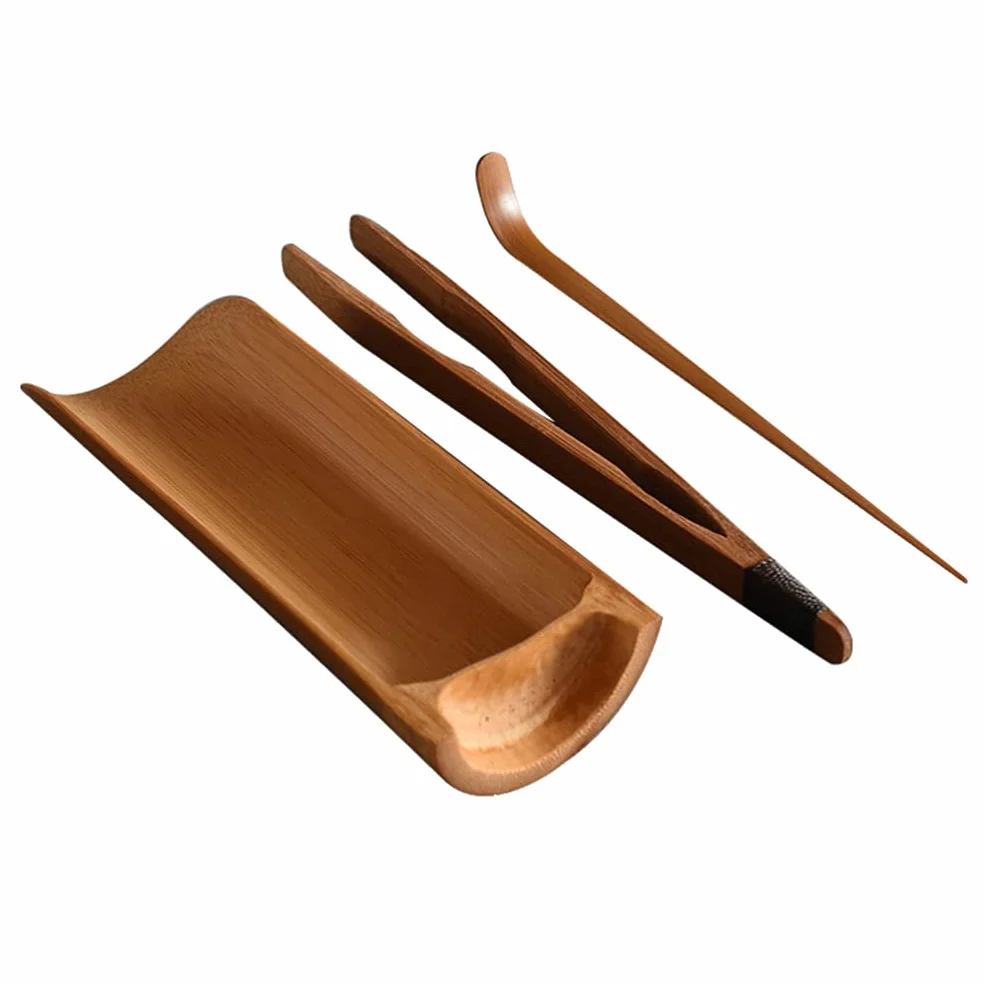 Juego de 3 utensilios para ceremonia de té, herramientas de té chino Gong Fu, juego de té Kungfu, herramientas de té de bambú natural, cuchara, pinzas para amantes del té