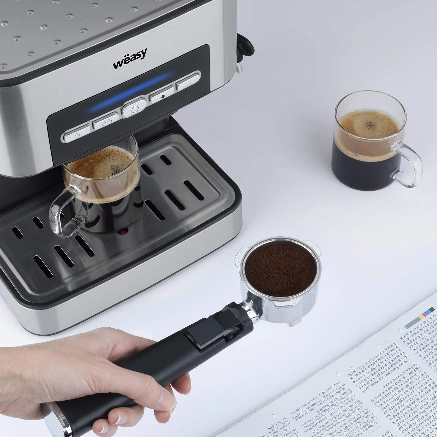 KFX32 Maquina de Café Espresso Programable, 15 Tazas, Depósito de 1.6 litros, Presión Bomba 20 Bares, Brazo Doble Salida, Vaporizador, Superficie Calientatazas, Acero Inoxidable, Plata